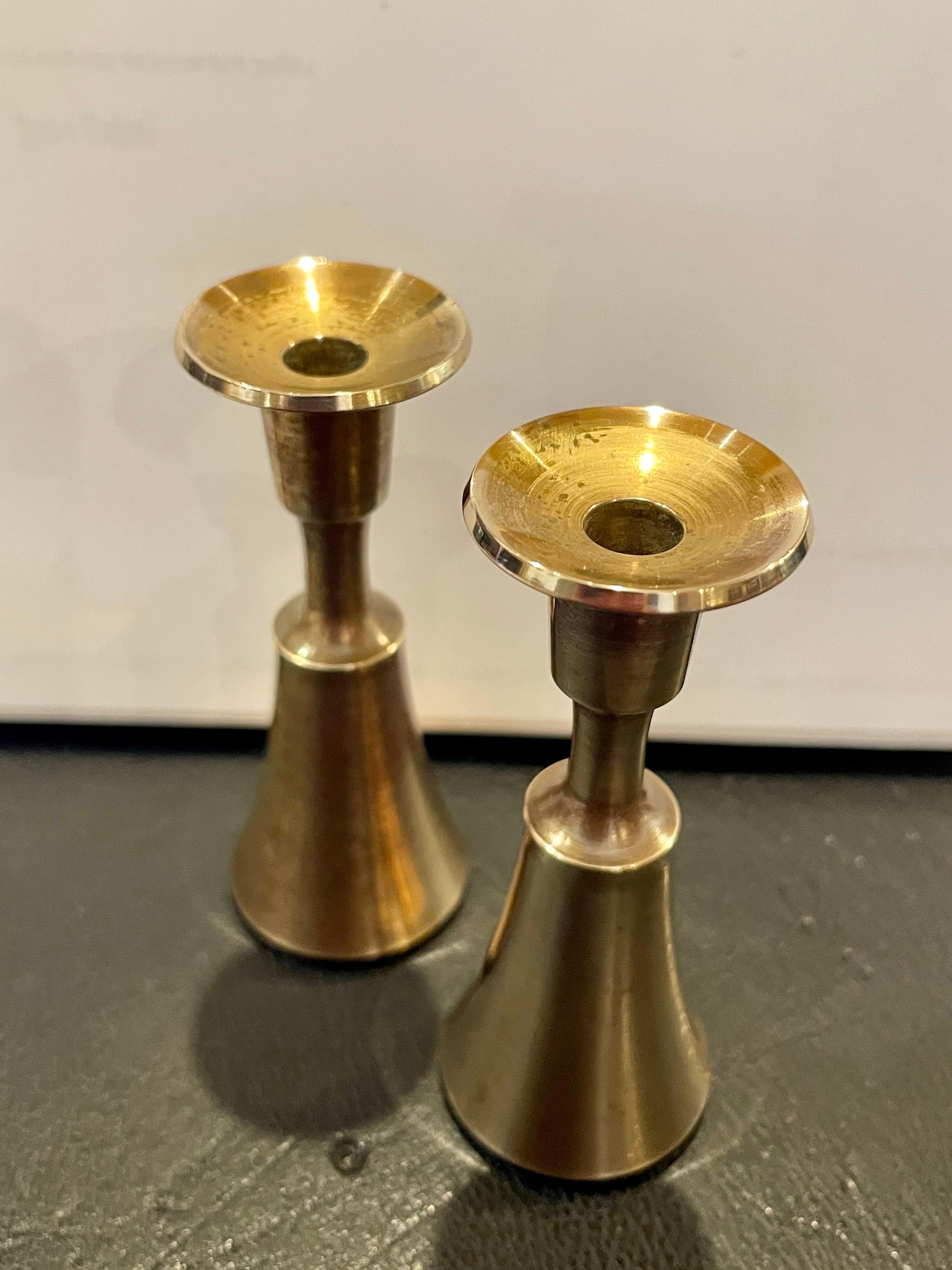 Scandinavian Modern 1950s Solid Polished Brass Pair of Dansk Candleholders by Quistgaard