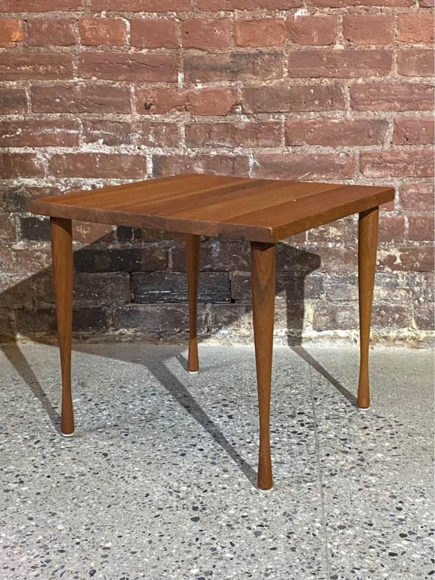 An exquisite solid teak end table, designed by the renowned Hans C Andersen in the 1950s, boasts a stunning display of unique old growth graining, captivating turned legs, and remains in exceptional condition.

17.5” x 17.5” x 16” high

Free local