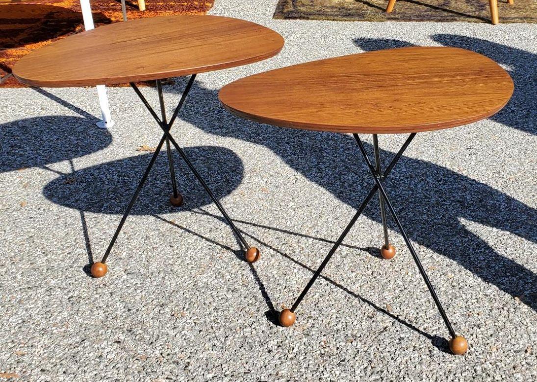 1950s Solid Walnut Side Tables Black Tripod Rod Iron Legs With Walnut Ball Feet For Sale 5