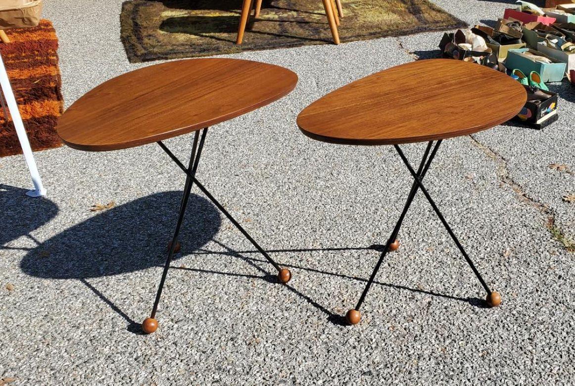 1950s Solid Walnut Side Tables Black Tripod Rod Iron Legs With Walnut Ball Feet For Sale 6