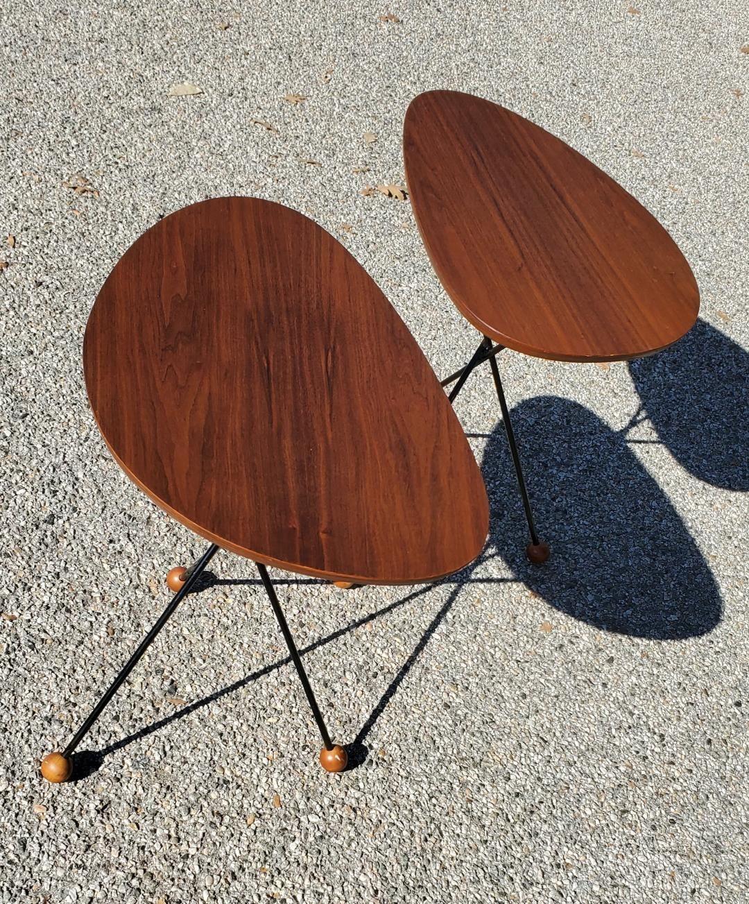 1950s Solid Walnut Side Tables Black Tripod Rod Iron Legs With Walnut Ball Feet For Sale 11