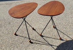 1950s Solid Walnut Side Tables Black Tripod Rod Iron Legs With Walnut Ball Feet