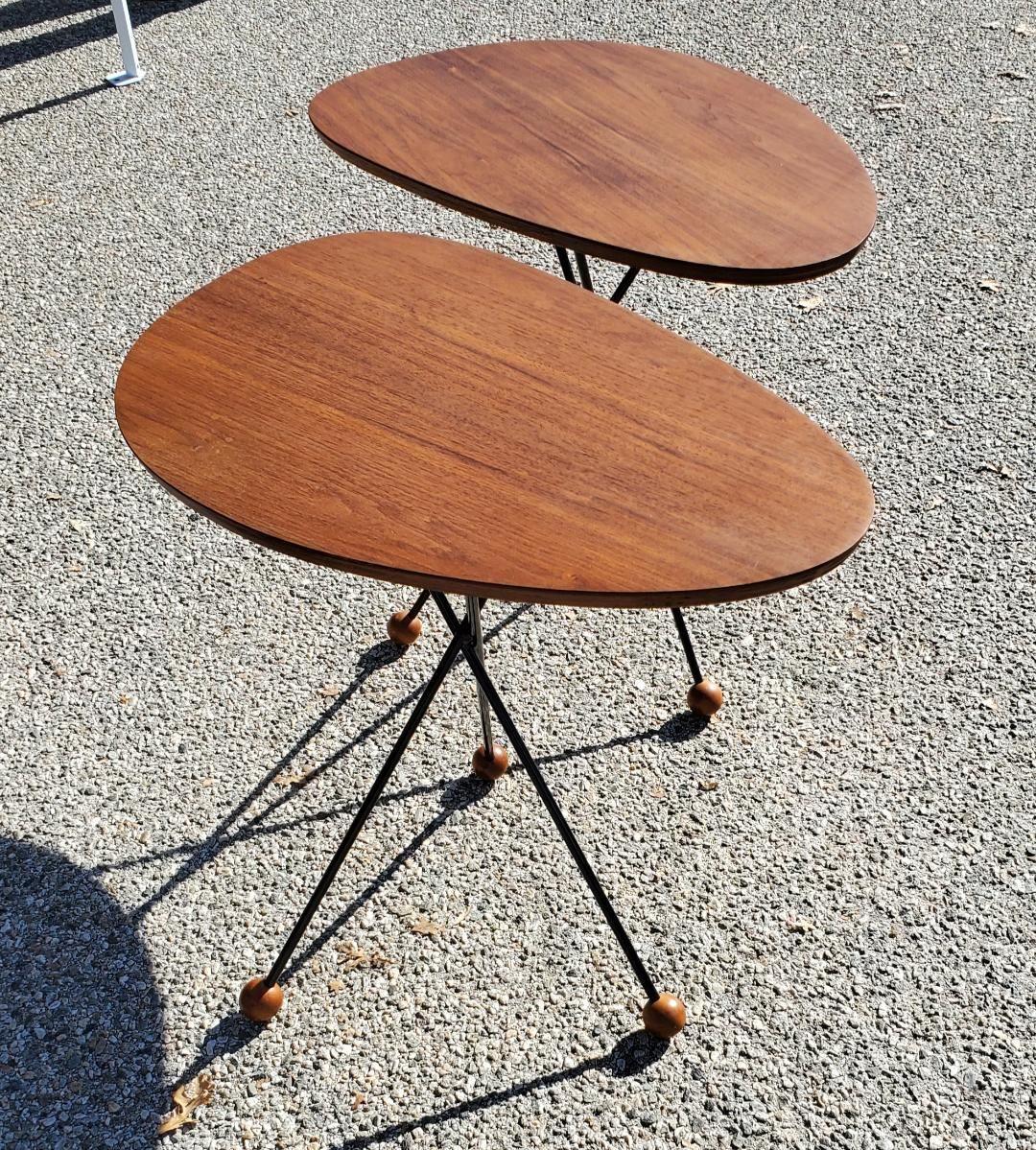Mid-Century Modern 1950s Solid Walnut Side Tables Black Tripod Rod Iron Legs With Walnut Ball Feet For Sale