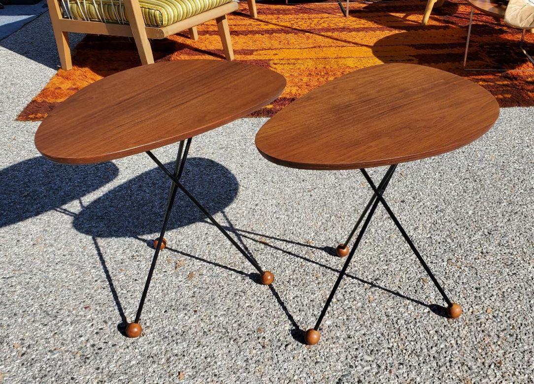 American 1950s Solid Walnut Side Tables Black Tripod Rod Iron Legs With Walnut Ball Feet For Sale