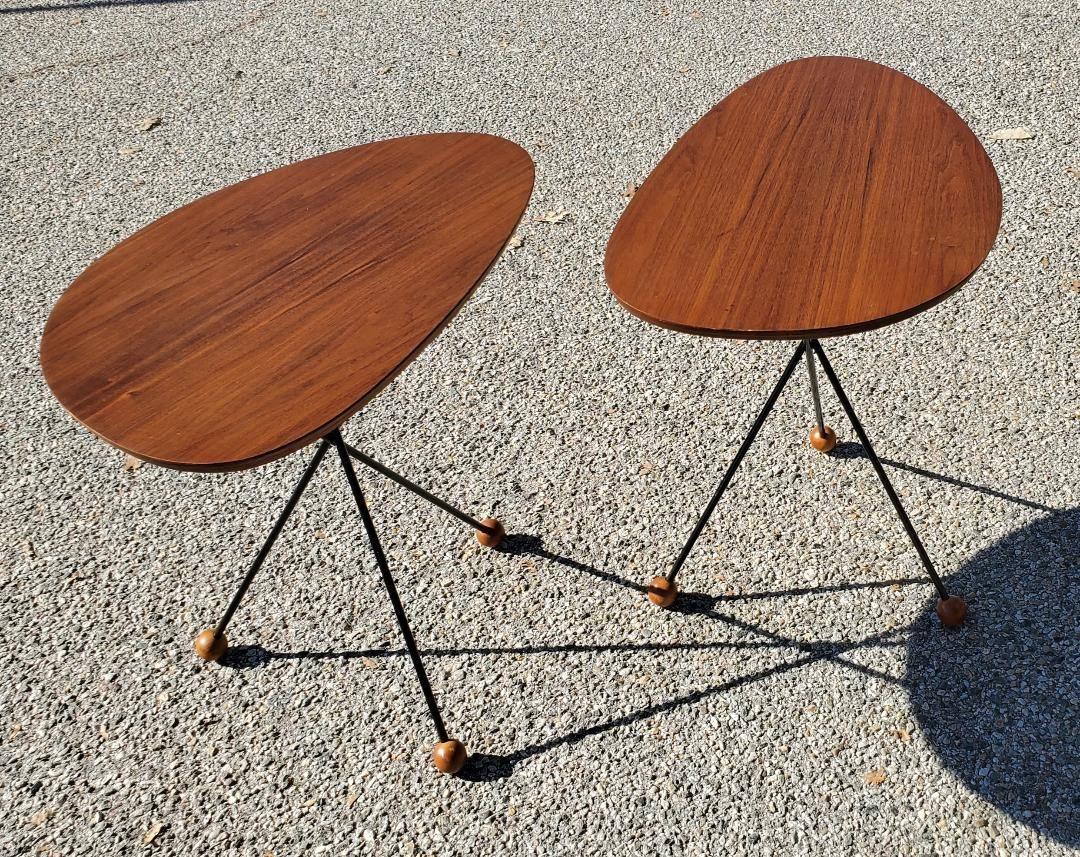 1950s Solid Walnut Side Tables Black Tripod Rod Iron Legs With Walnut Ball Feet In Good Condition For Sale In Monrovia, CA