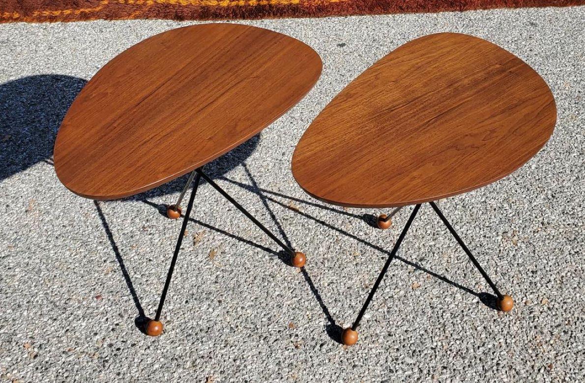 1950s Solid Walnut Side Tables Black Tripod Rod Iron Legs With Walnut Ball Feet For Sale 1