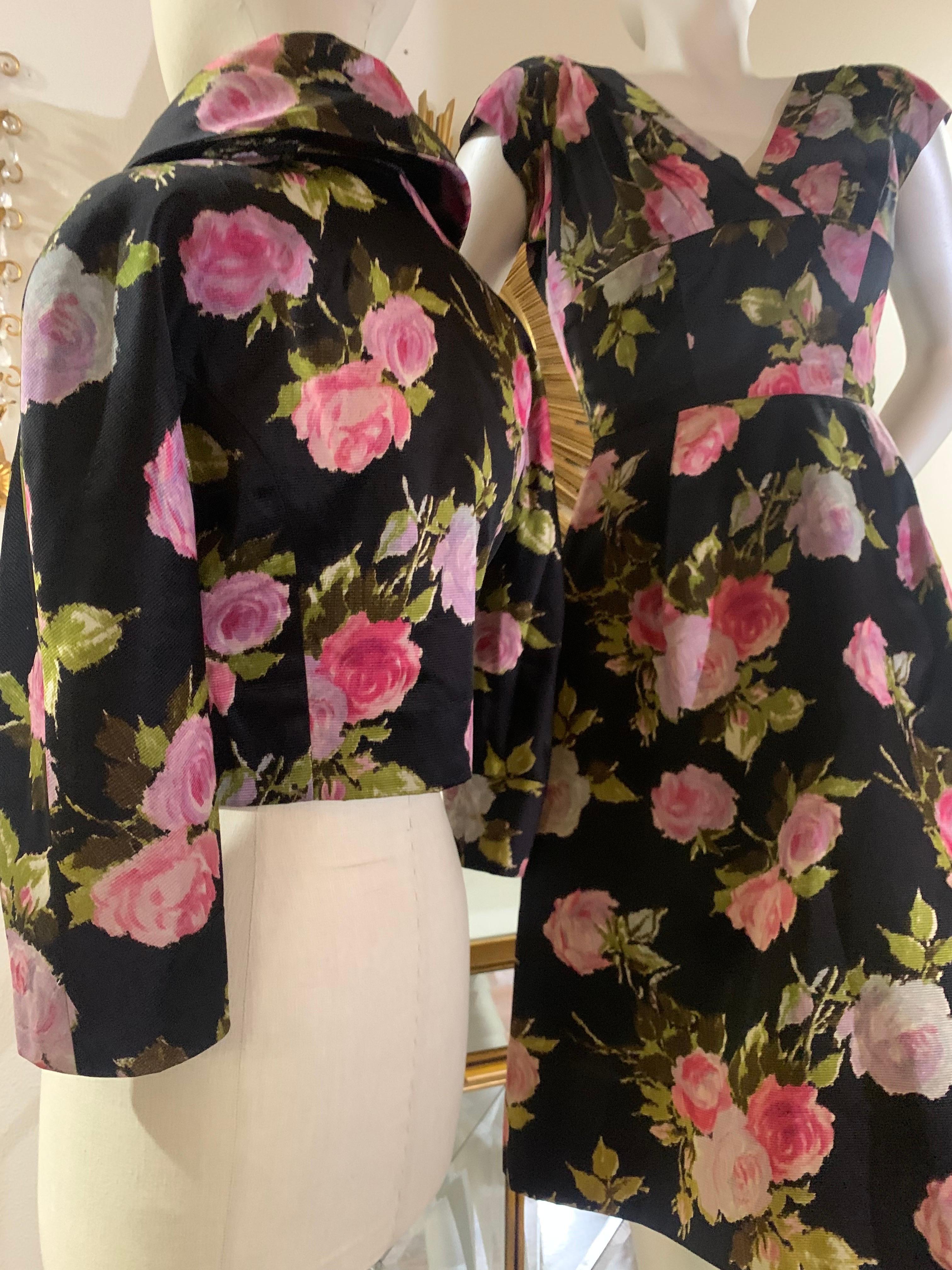 1950s Sophie of Saks Fifth Avenue Flocked Floral Print Cocktail Dress w Jacket For Sale 7