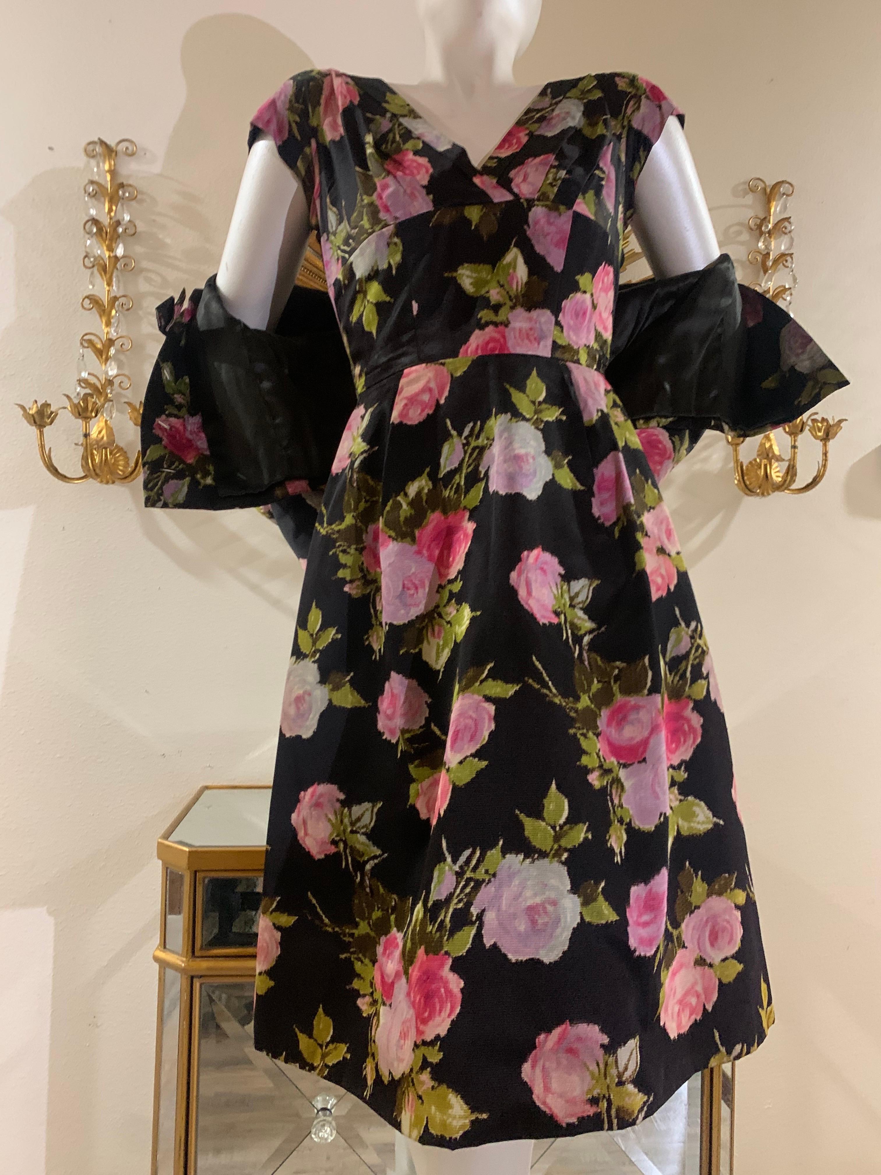 1950s Sophie of Saks Fifth Avenue Flocked Floral Print Cocktail Dress w Jacket For Sale 8