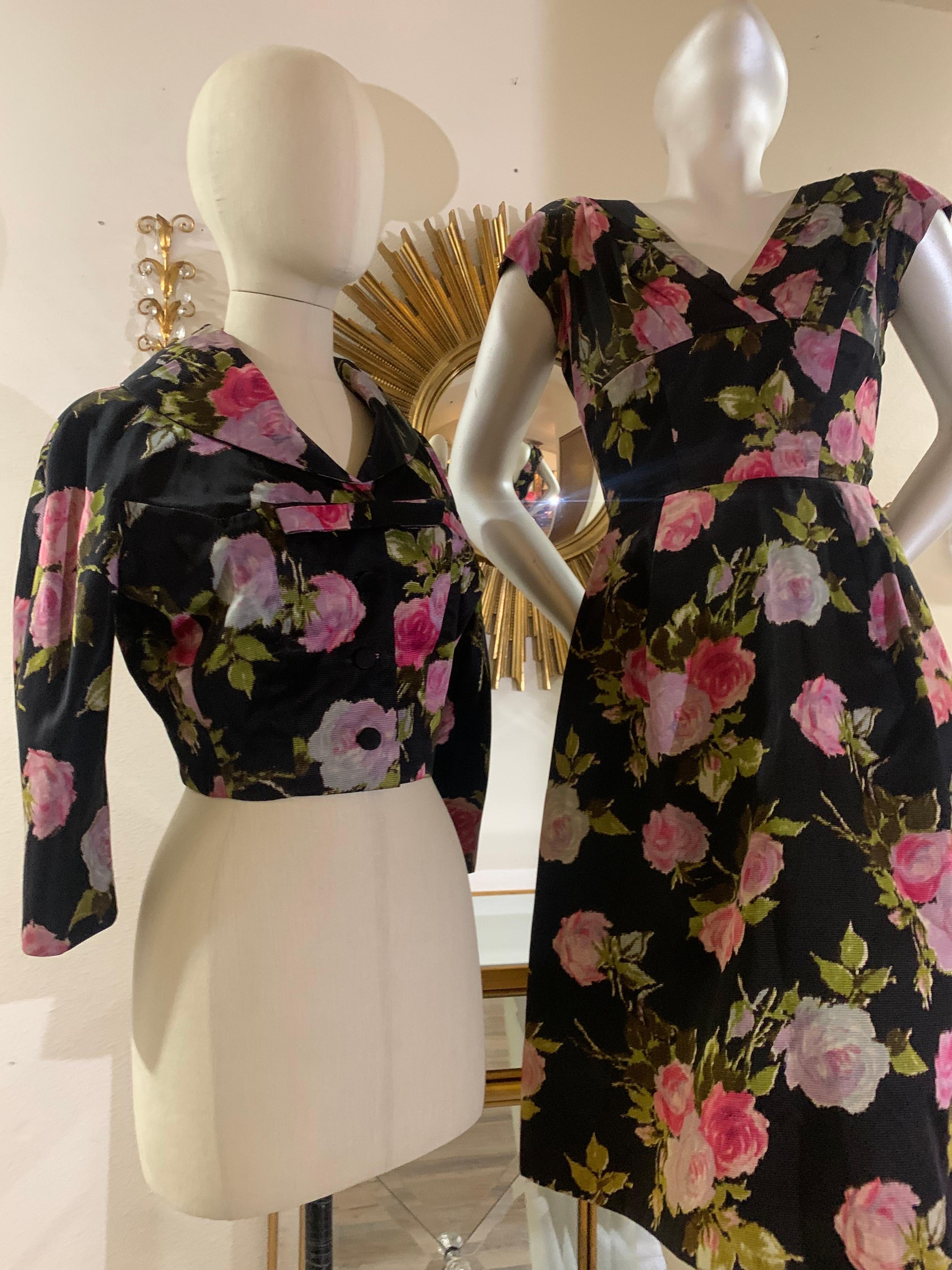 1950s Sophie of Saks Fifth Avenue Flocked Floral Print Cocktail Dress w Jacket For Sale 10