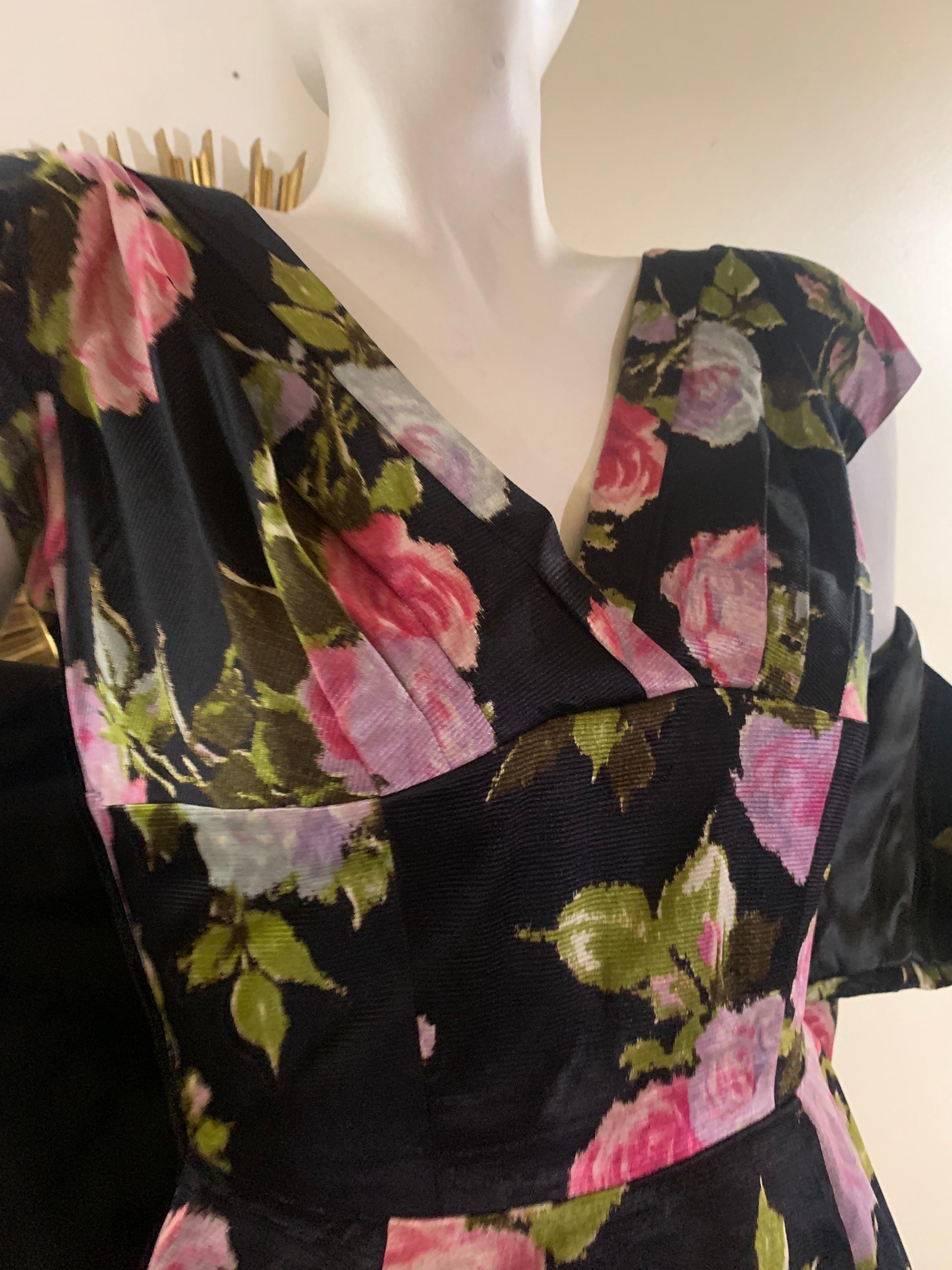 1950s Sophie of Saks Fifth Avenue Flocked Floral Print Cocktail Dress w Jacket For Sale 11