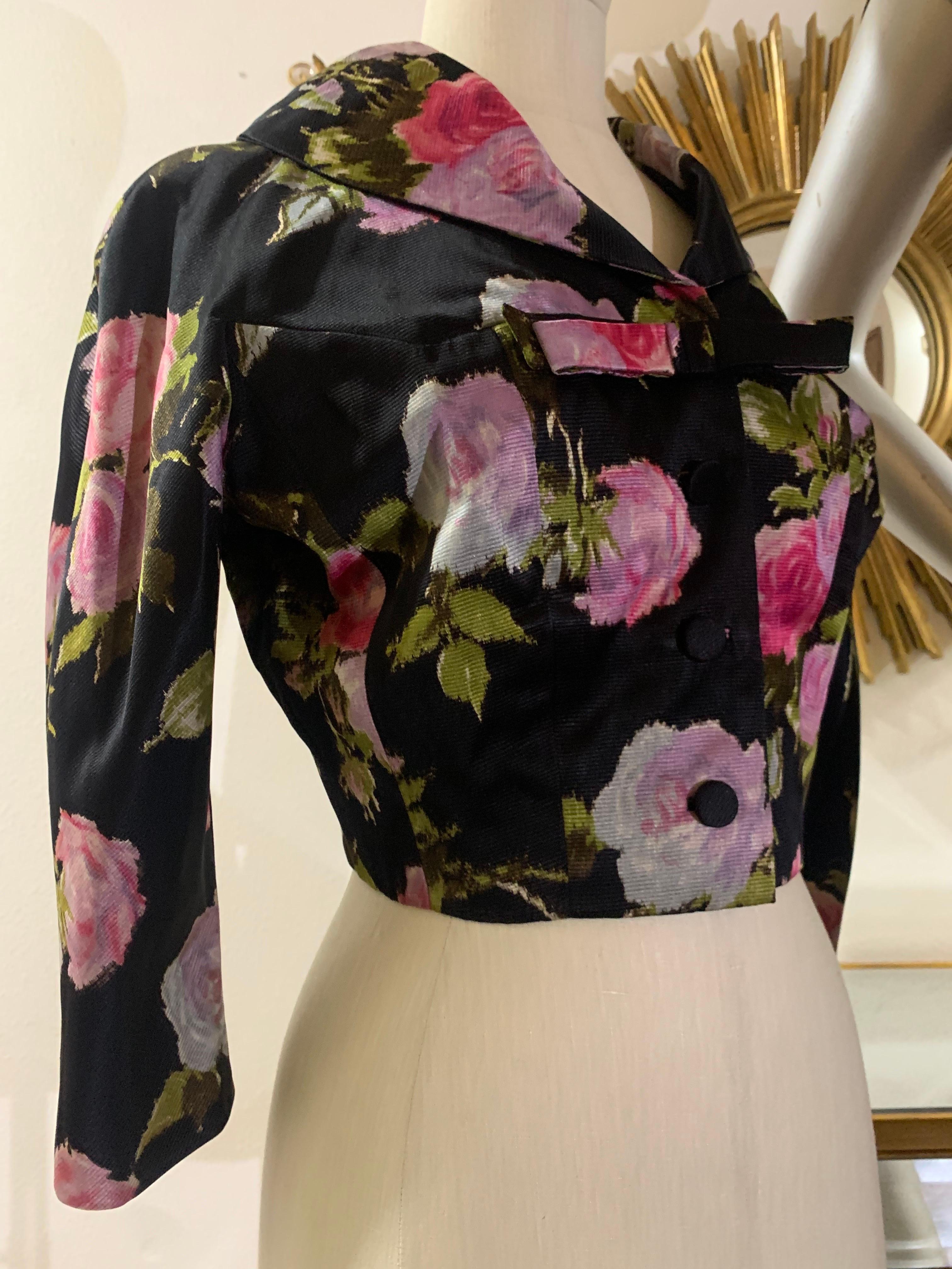 1950s Sophie of Saks Fifth Avenue Flocked Floral Print Cocktail Dress w Jacket For Sale 13