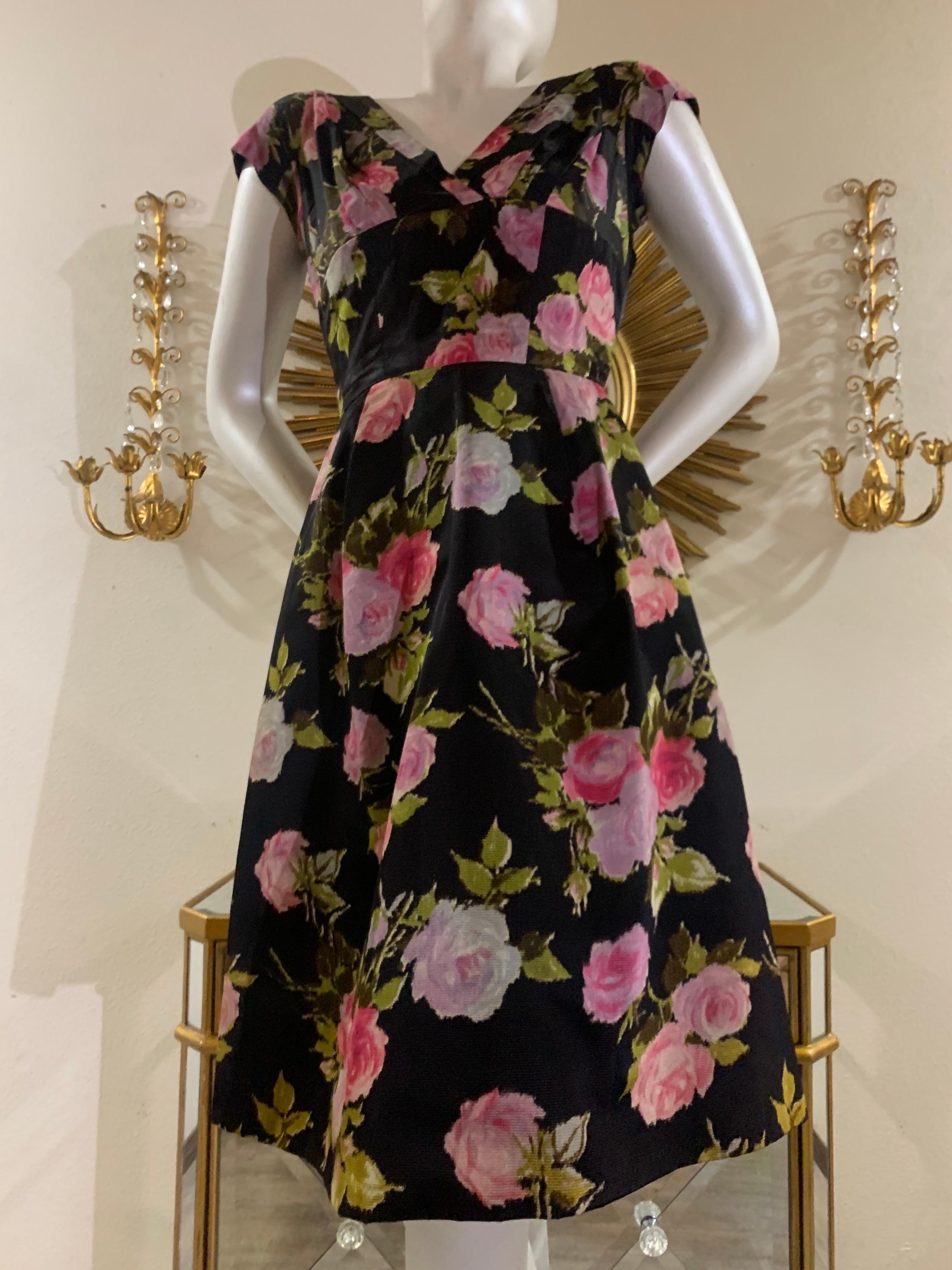 1950s Sophie of Saks Fifth Avenue Flocked Floral Print Faille Cocktail Dress w Jacket:  A heavenly design by Sophie Gimbel of pink and fuchsia roses and leaves on a black background. Charming lady-like style--full skirt with a cummerbund waist and