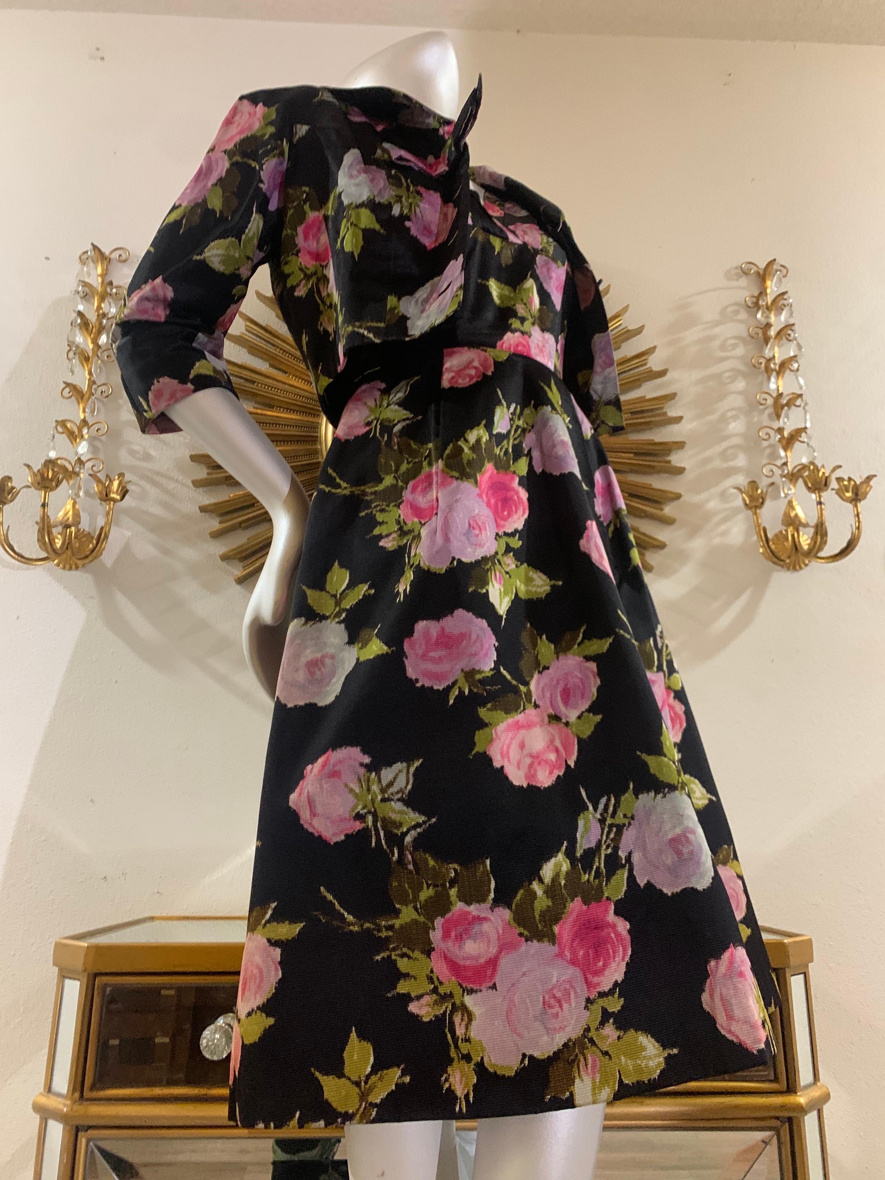 Black 1950s Sophie of Saks Fifth Avenue Flocked Floral Print Cocktail Dress w Jacket For Sale