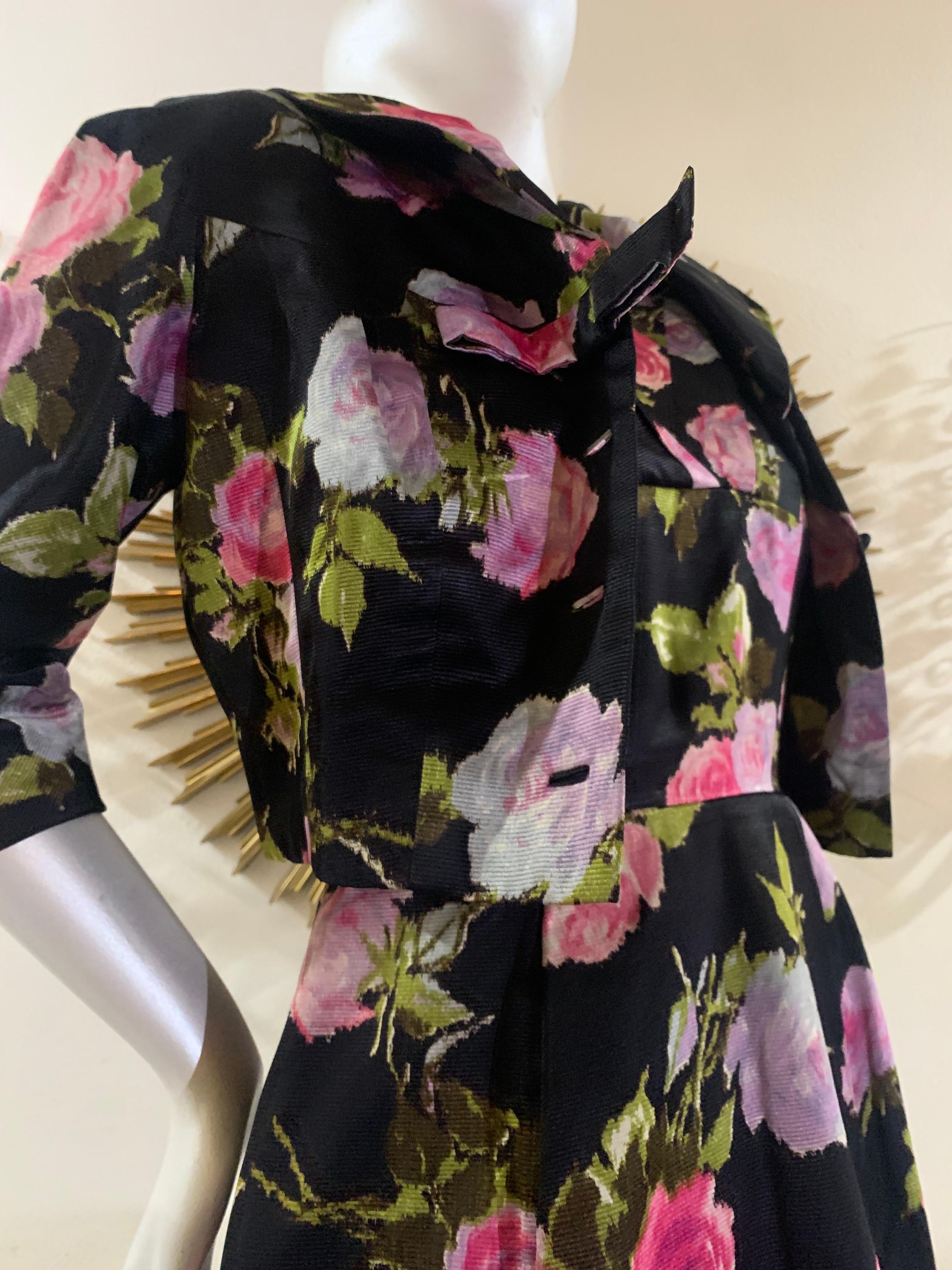 1950s Sophie of Saks Fifth Avenue Flocked Floral Print Cocktail Dress w Jacket In Excellent Condition For Sale In Gresham, OR