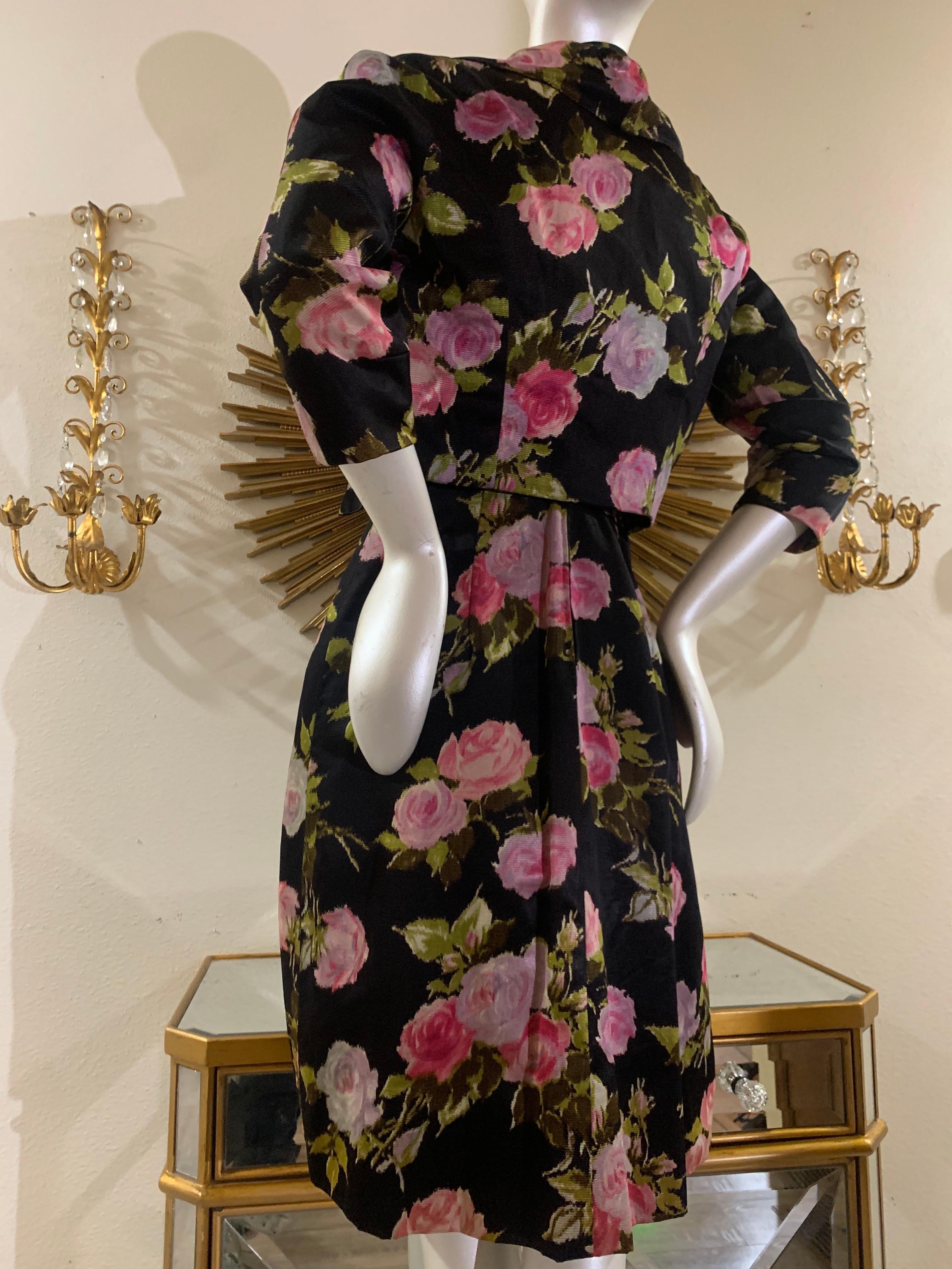 1950s Sophie of Saks Fifth Avenue Flocked Floral Print Cocktail Dress w Jacket For Sale 3