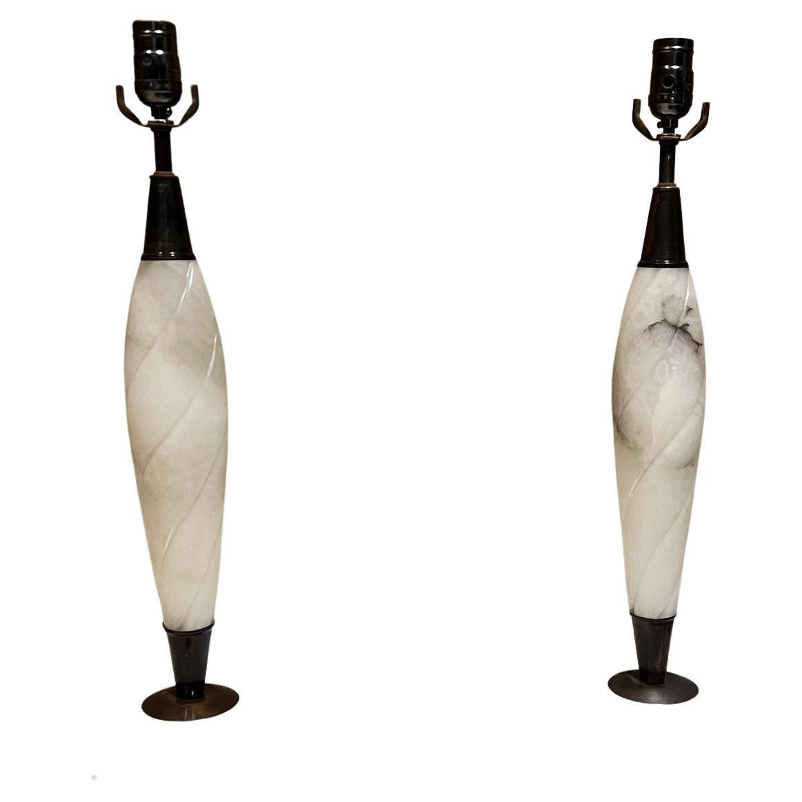 1950s Sophisticated Onyx Table Lamps in White and Gray Modern Vintage For Sale