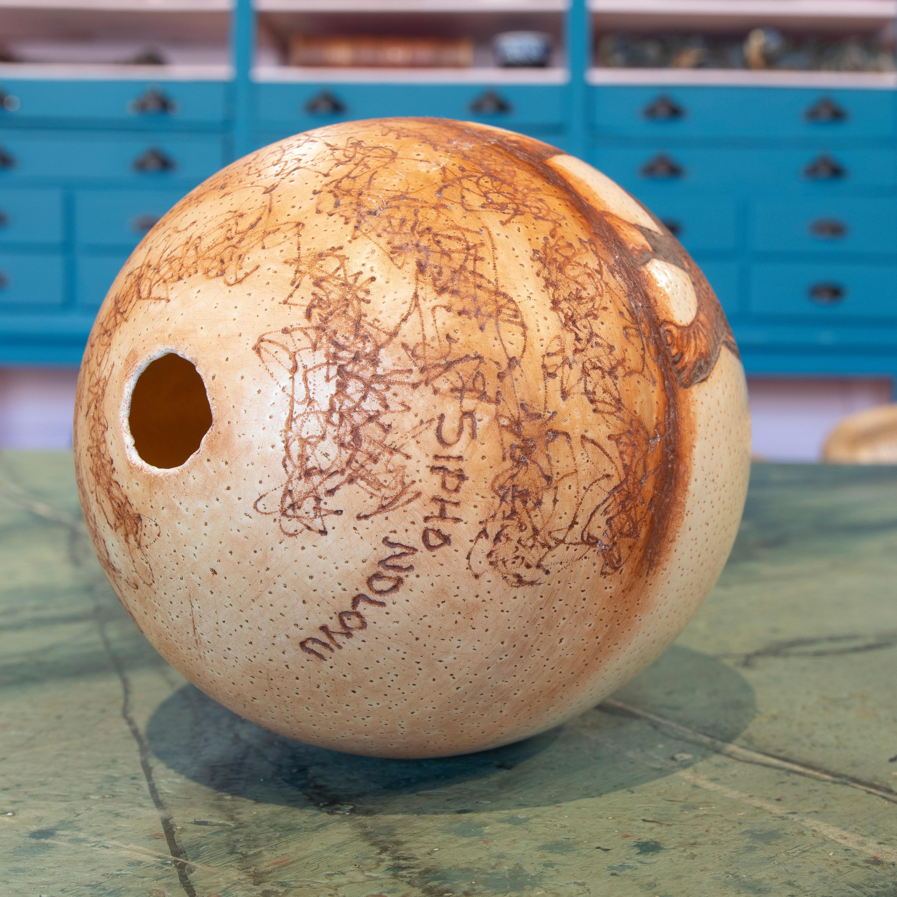 1950s South African Scrimshaw Ostrich Egg by Late Chief Sipho Ndldvu For Sale 2