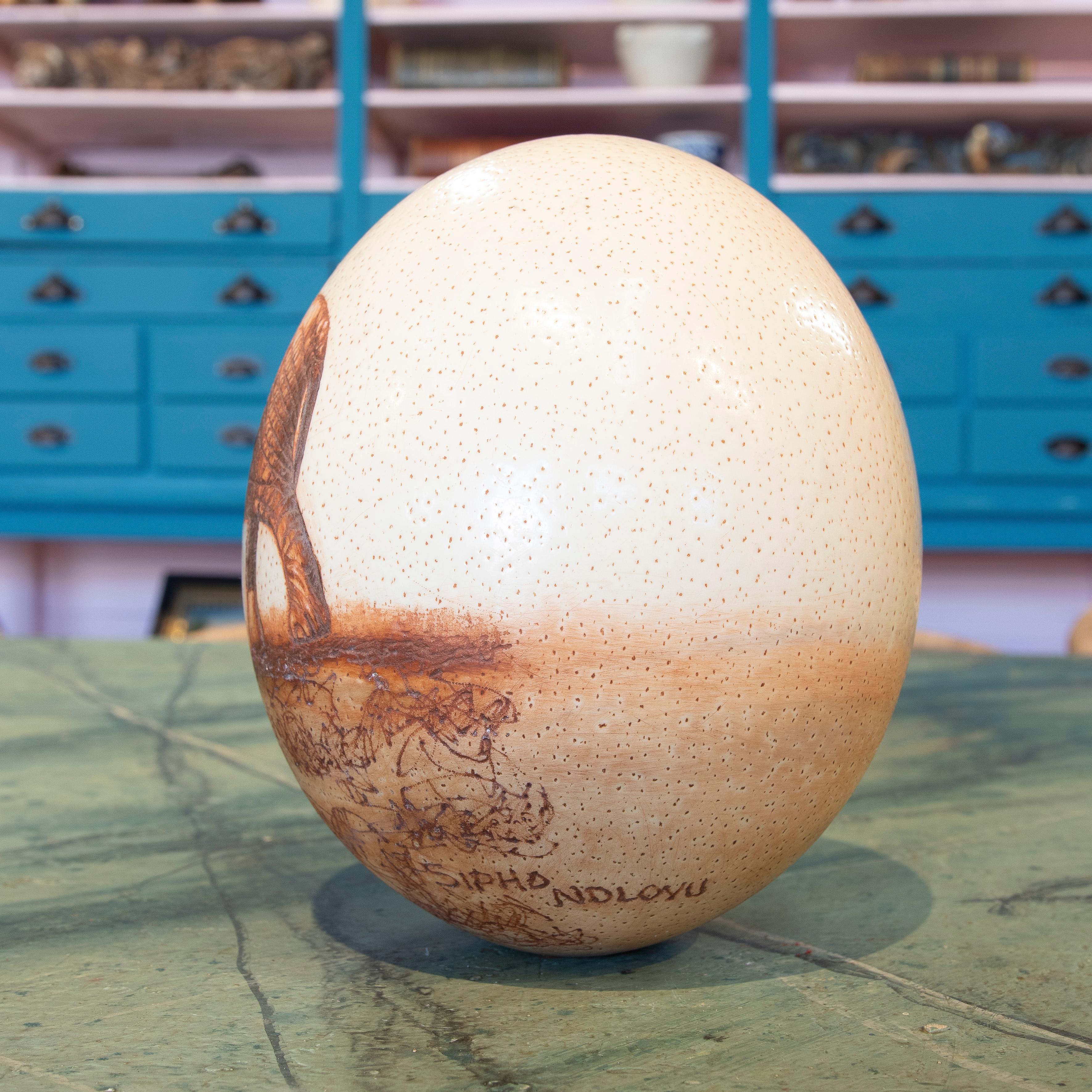 20th Century 1950s South African Scrimshaw Ostrich Egg by Late Chief Sipho Ndldvu For Sale