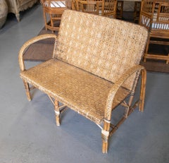 1950s Spanish 2-Seater Woven Wicker & Wood Sofa