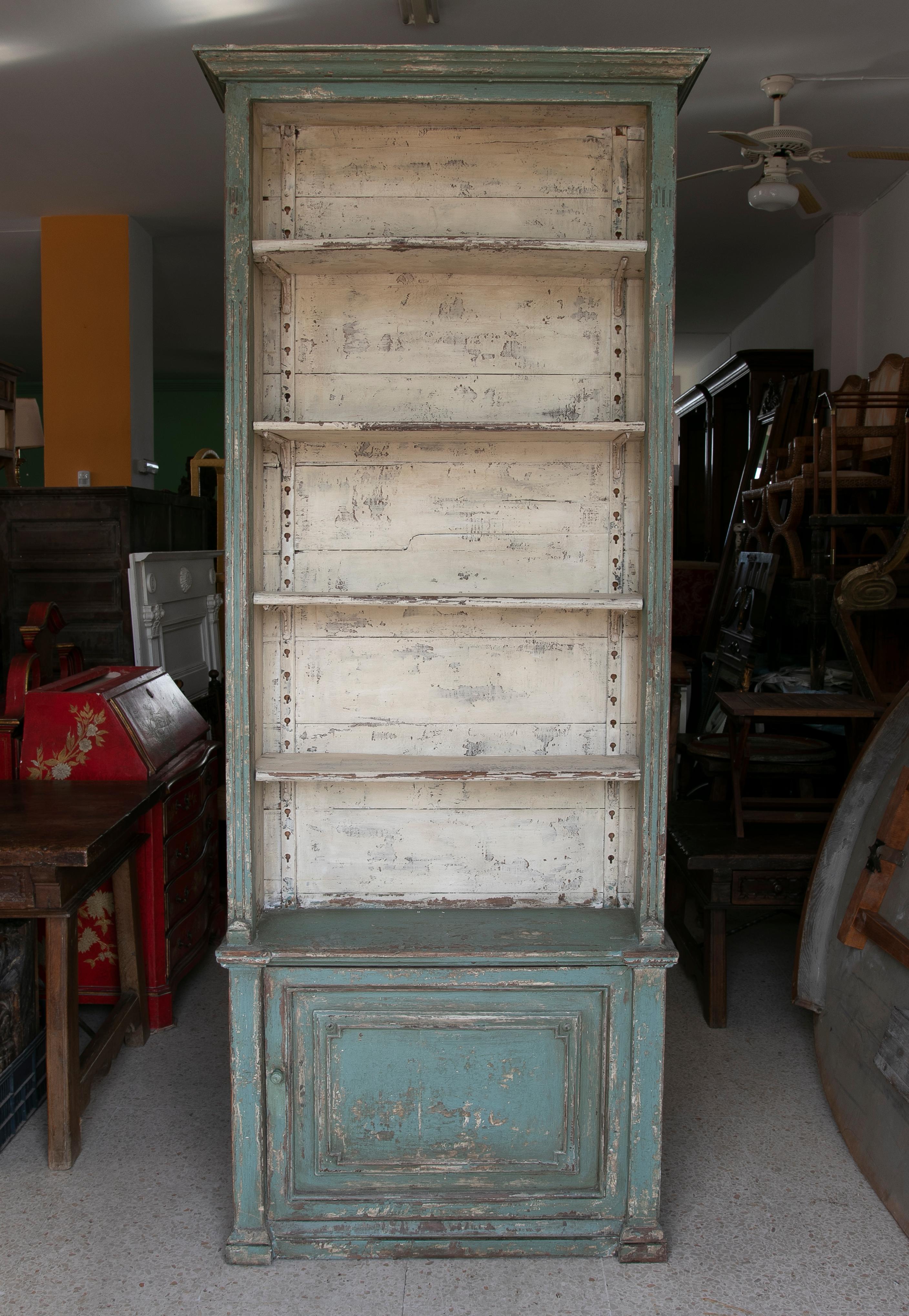 1950s Spanish 5Shelf and 1Door Painted Industrial Wooden Bookcase For