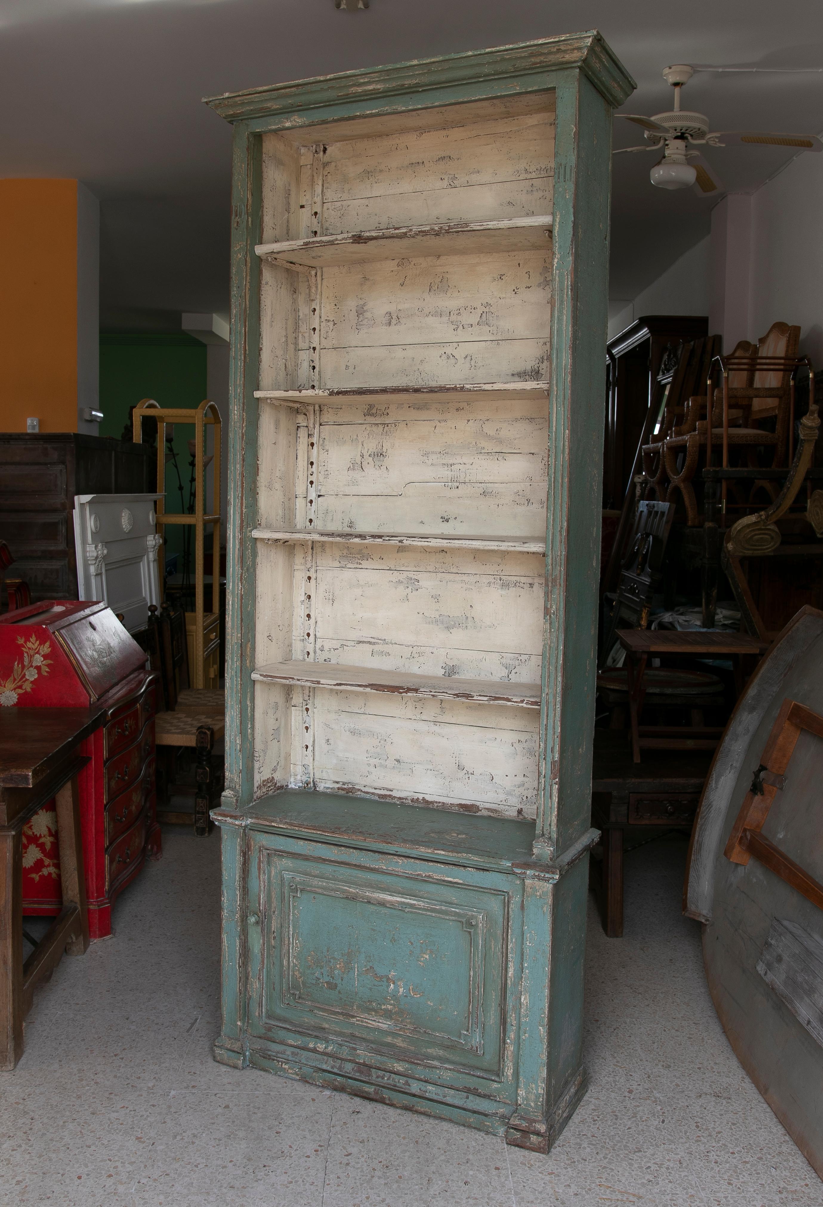 1950s Spanish 5Shelf and 1Door Painted Industrial Wooden Bookcase For