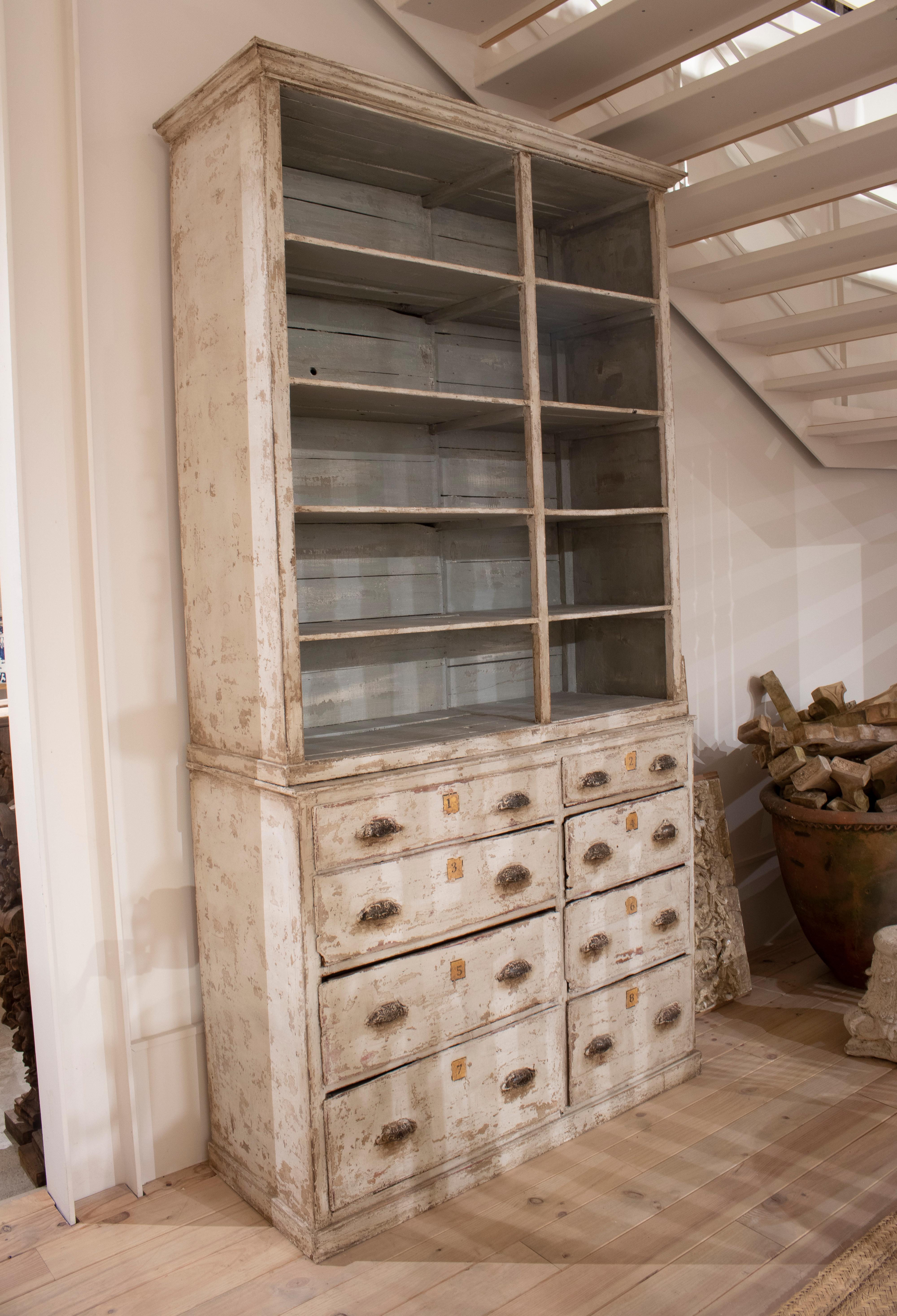 Vintage 1950s Spanish 8-drawer and 5-shelf industrial rack with original ironware.