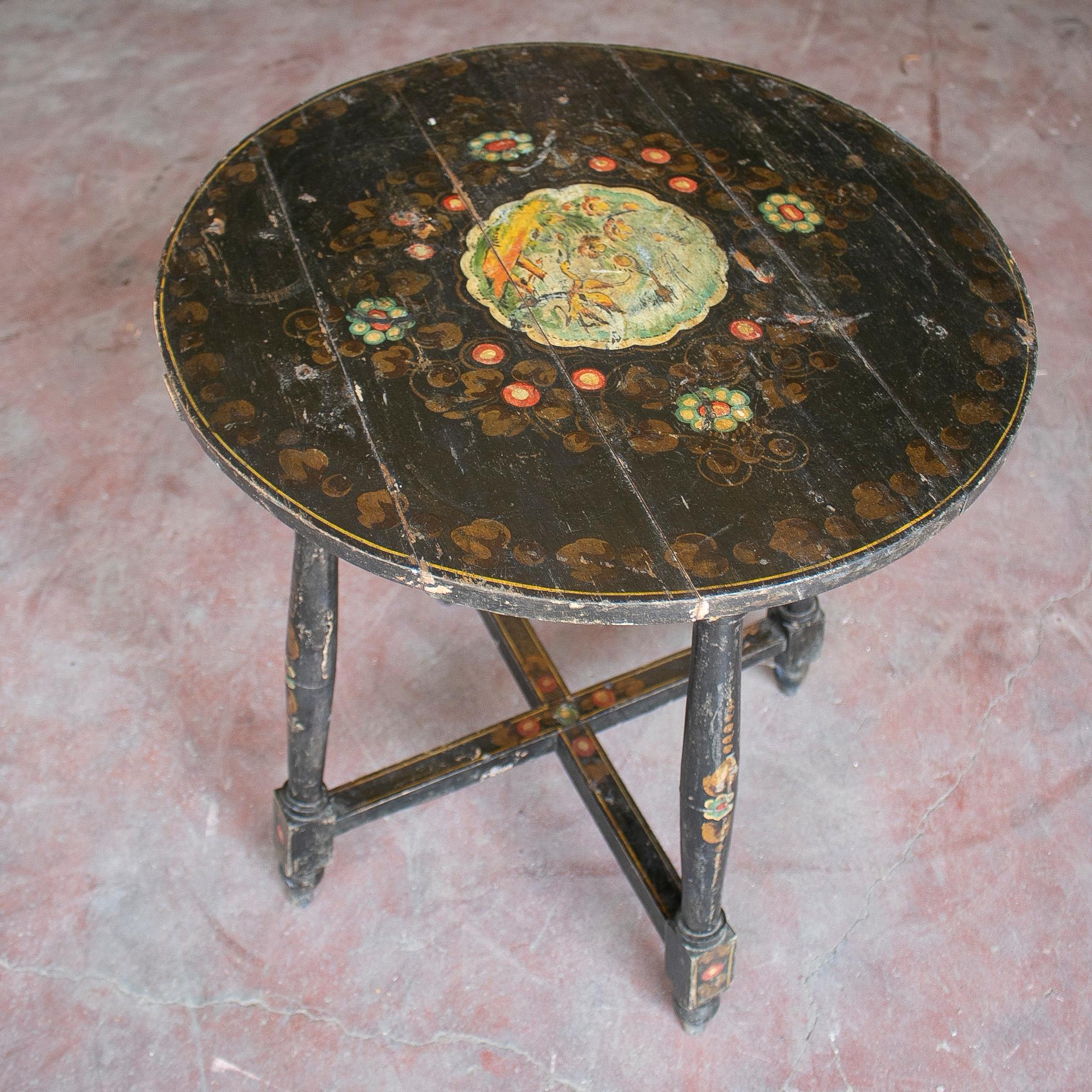 Hand-Painted 1950s Spanish Andalusian Painted Black Round Table 