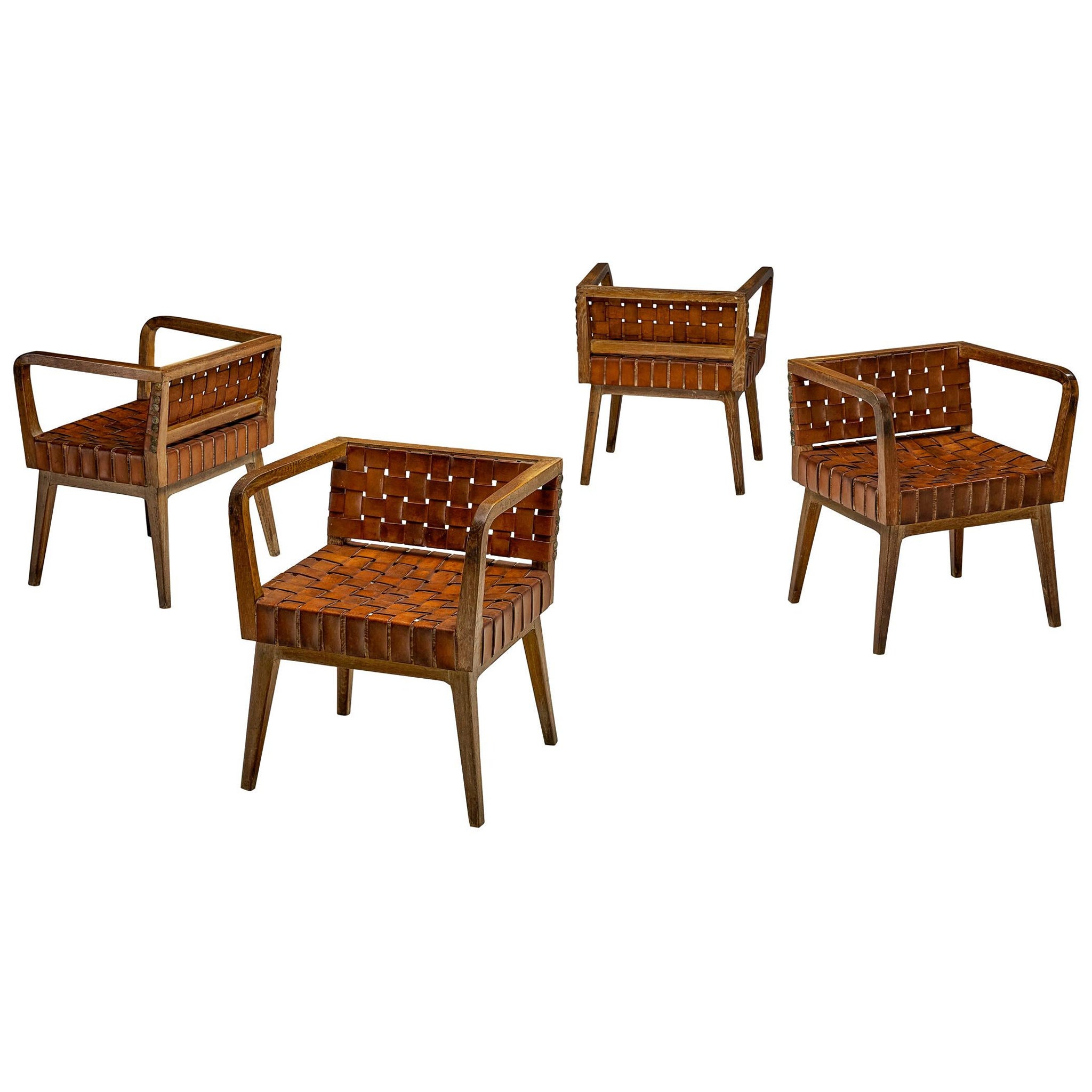 1950s Spanish Armchairs in Basket Weave Cognac Leather and Oak en venta