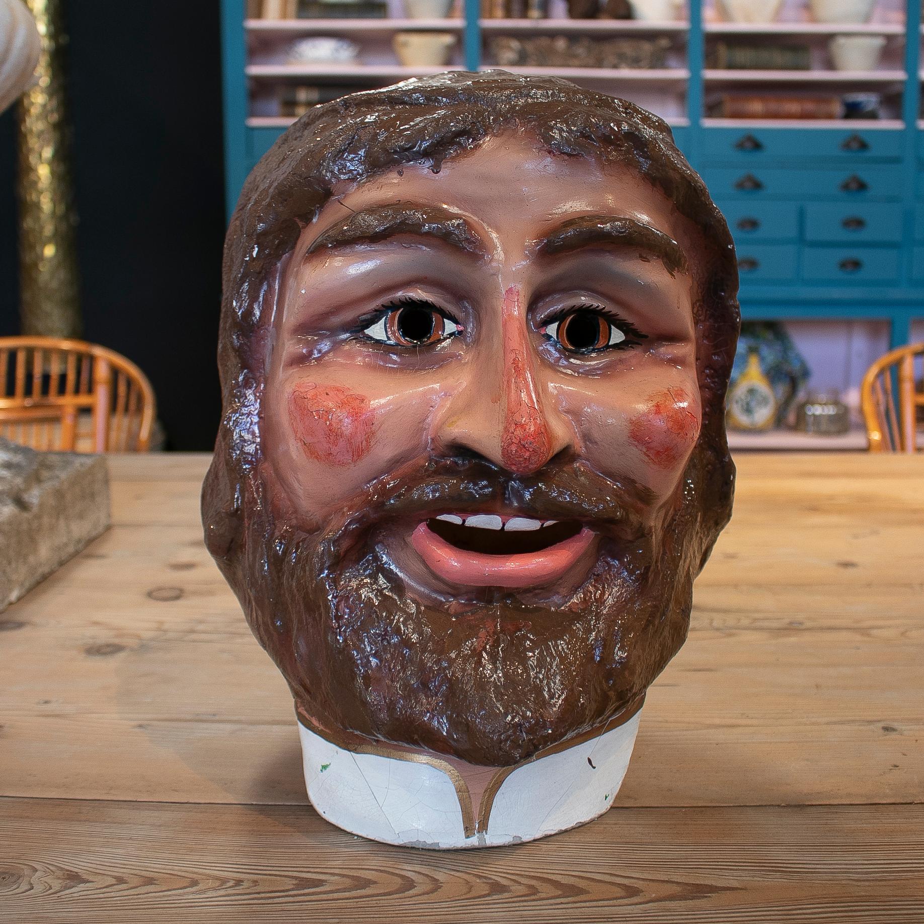 Popular 1950s Spanish bearded man hand painted papier-mâché mask worn during village festivals.
  