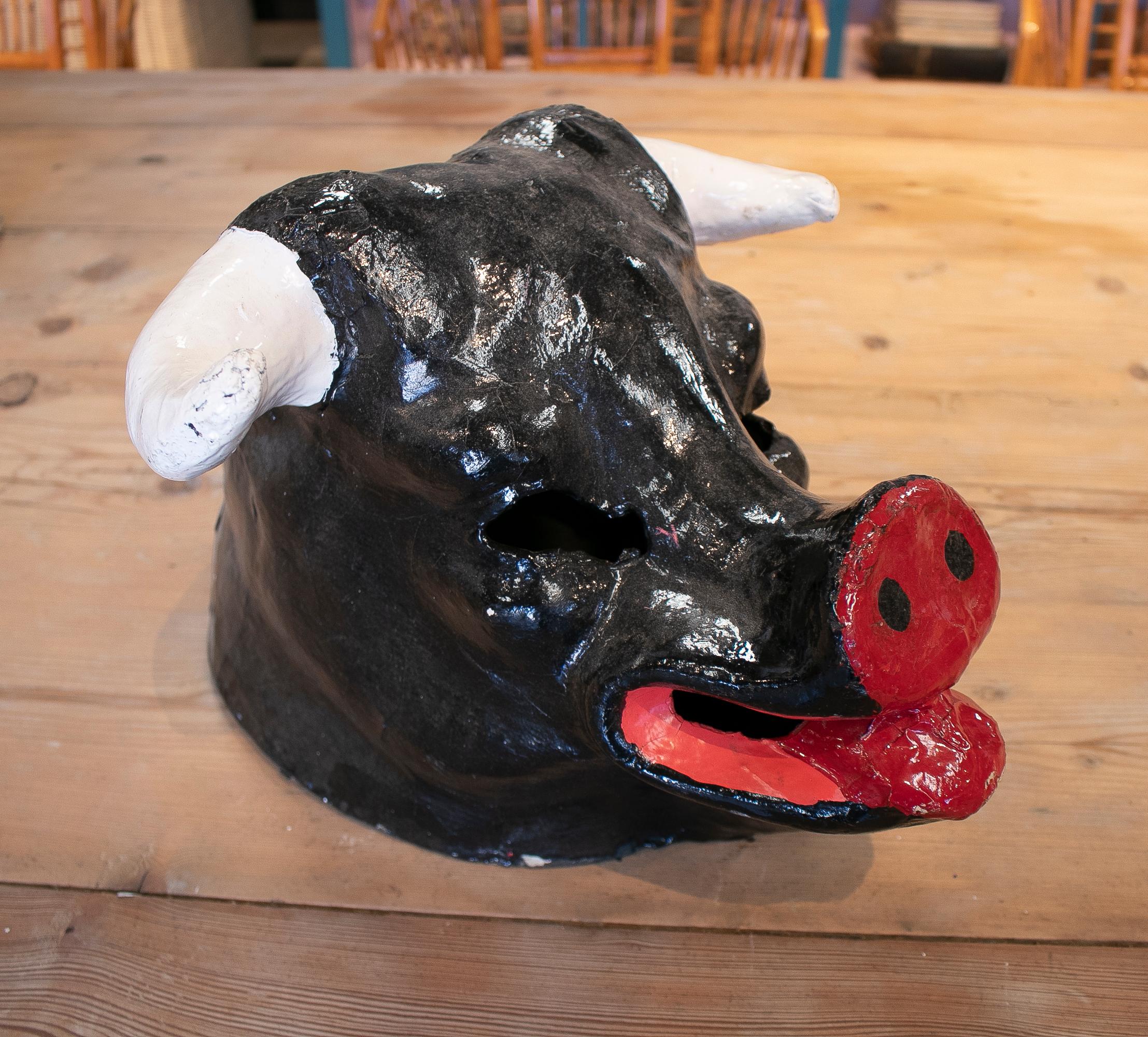 Paper 1950s Spanish Bull Head Hand Painted Papier-Mâché Festival Mask For Sale