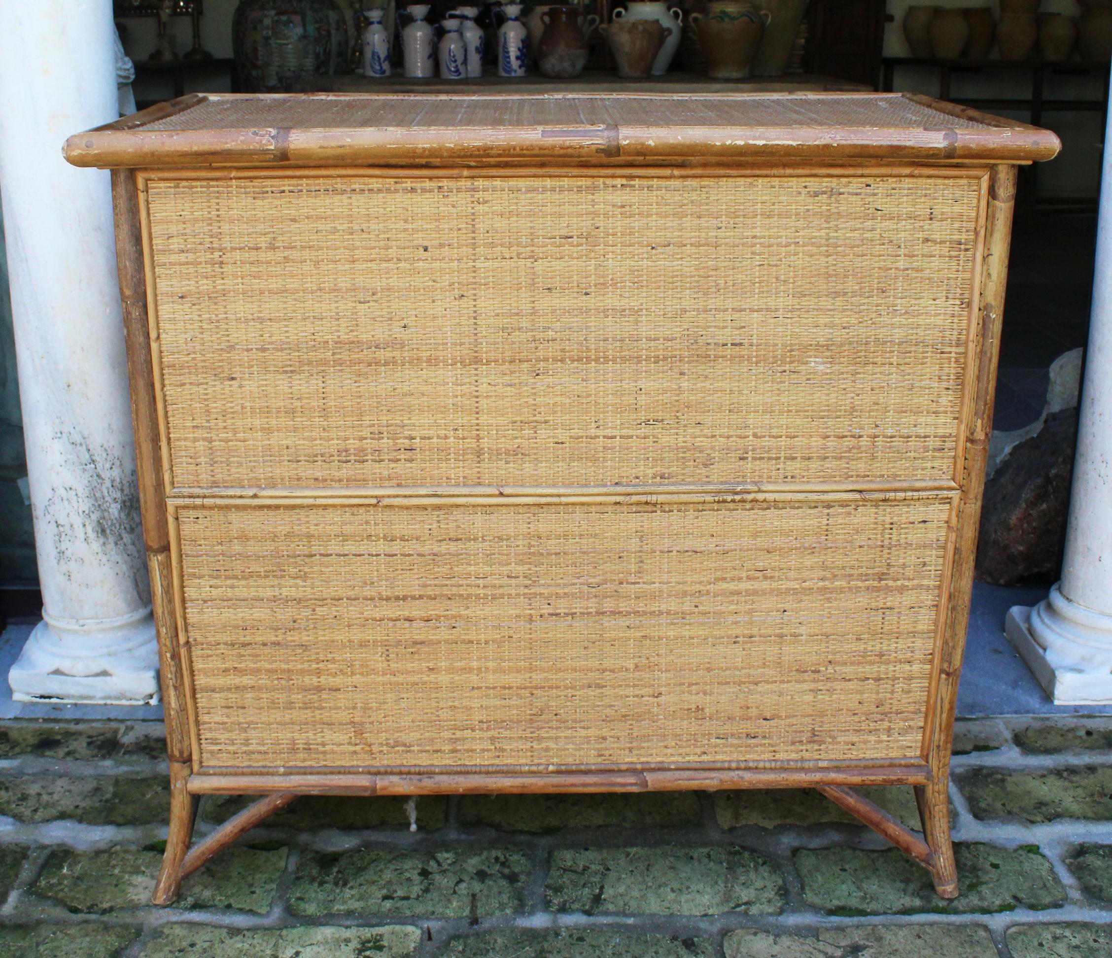 1950s Spanish Cane and Lazed Wicker Chest of Drawers 4