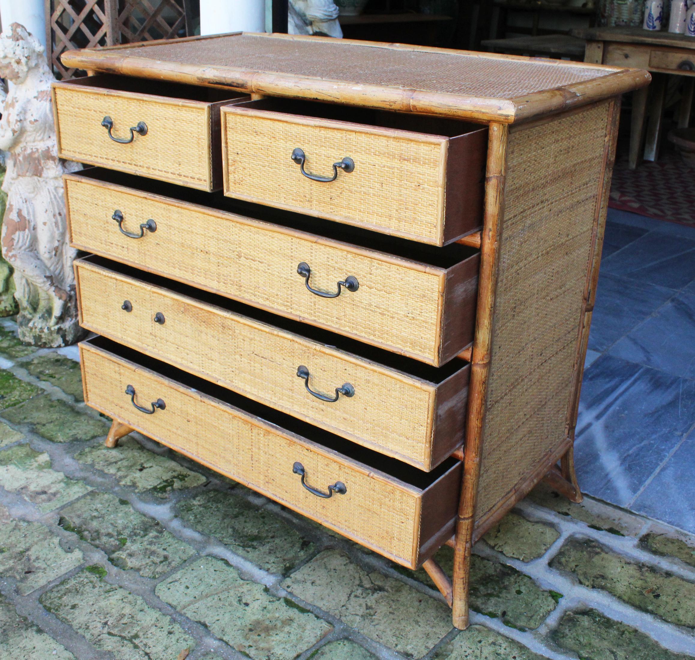 1950s Spanish Cane and Lazed Wicker Chest of Drawers 7
