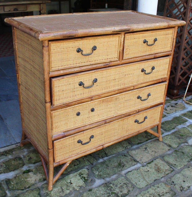 1950s Spanish Cane And Lazed Wicker Chest Of Drawers For Sale At