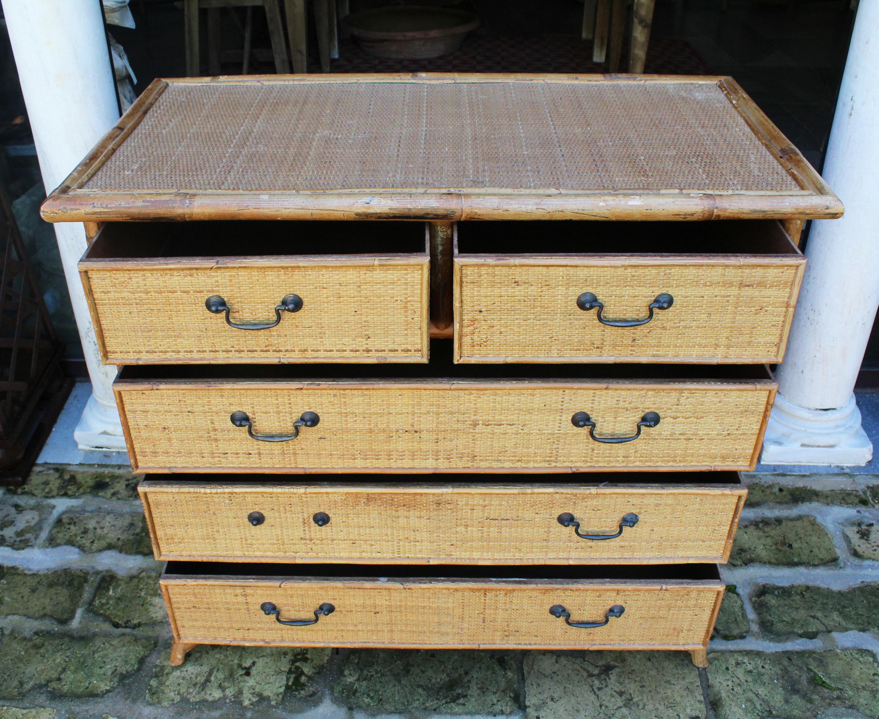 Bamboo 1950s Spanish Cane and Lazed Wicker Chest of Drawers