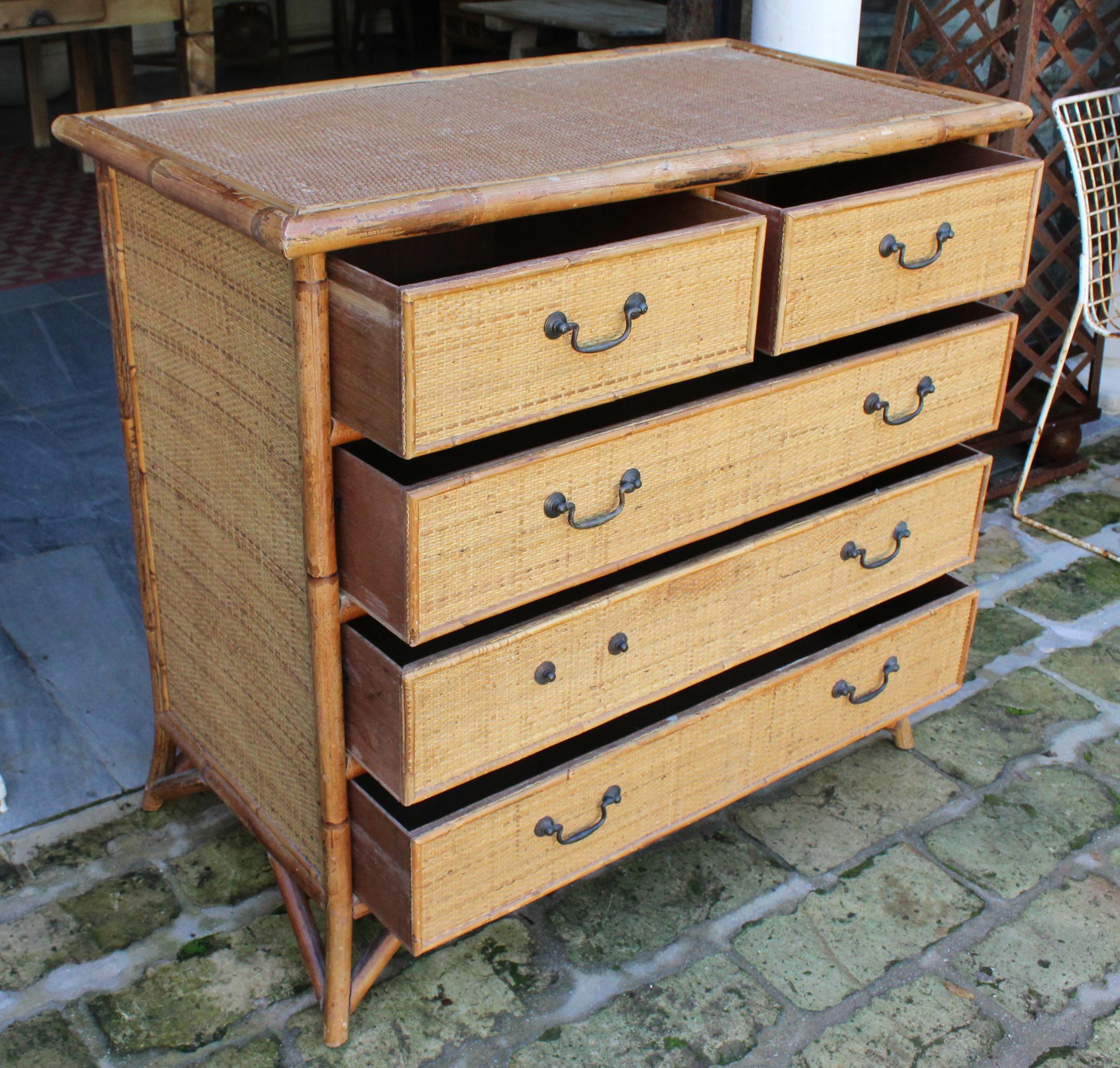 1950s Spanish Cane and Lazed Wicker Chest of Drawers 1