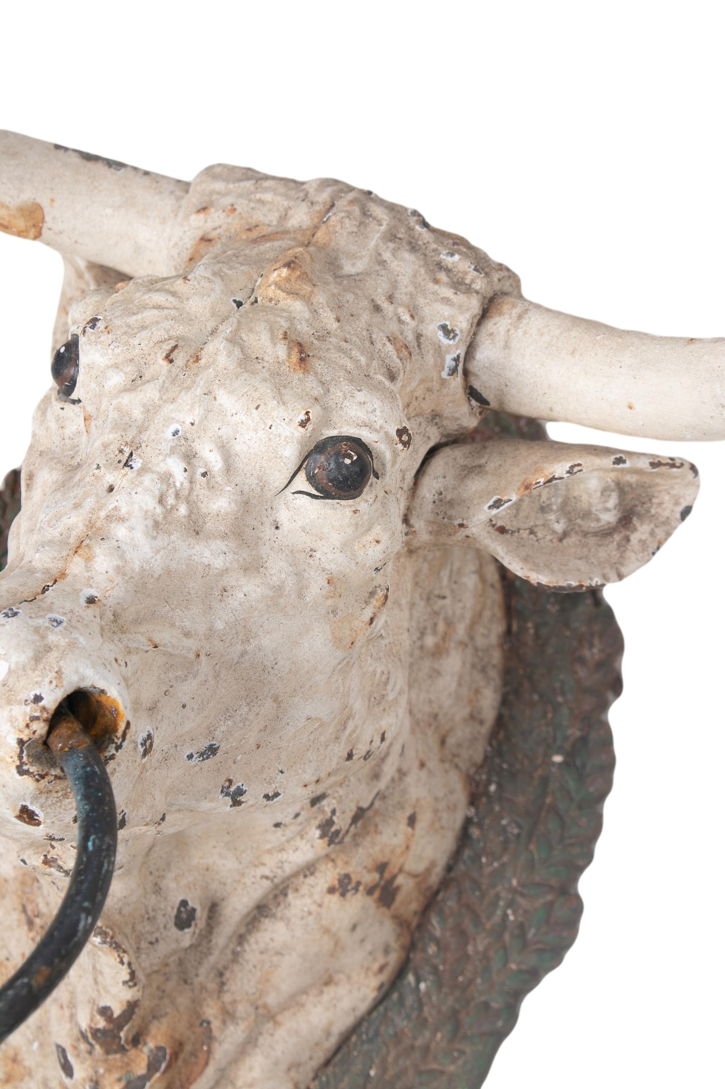 Decorative 1950s Spanish cast iron hand painted bull head.