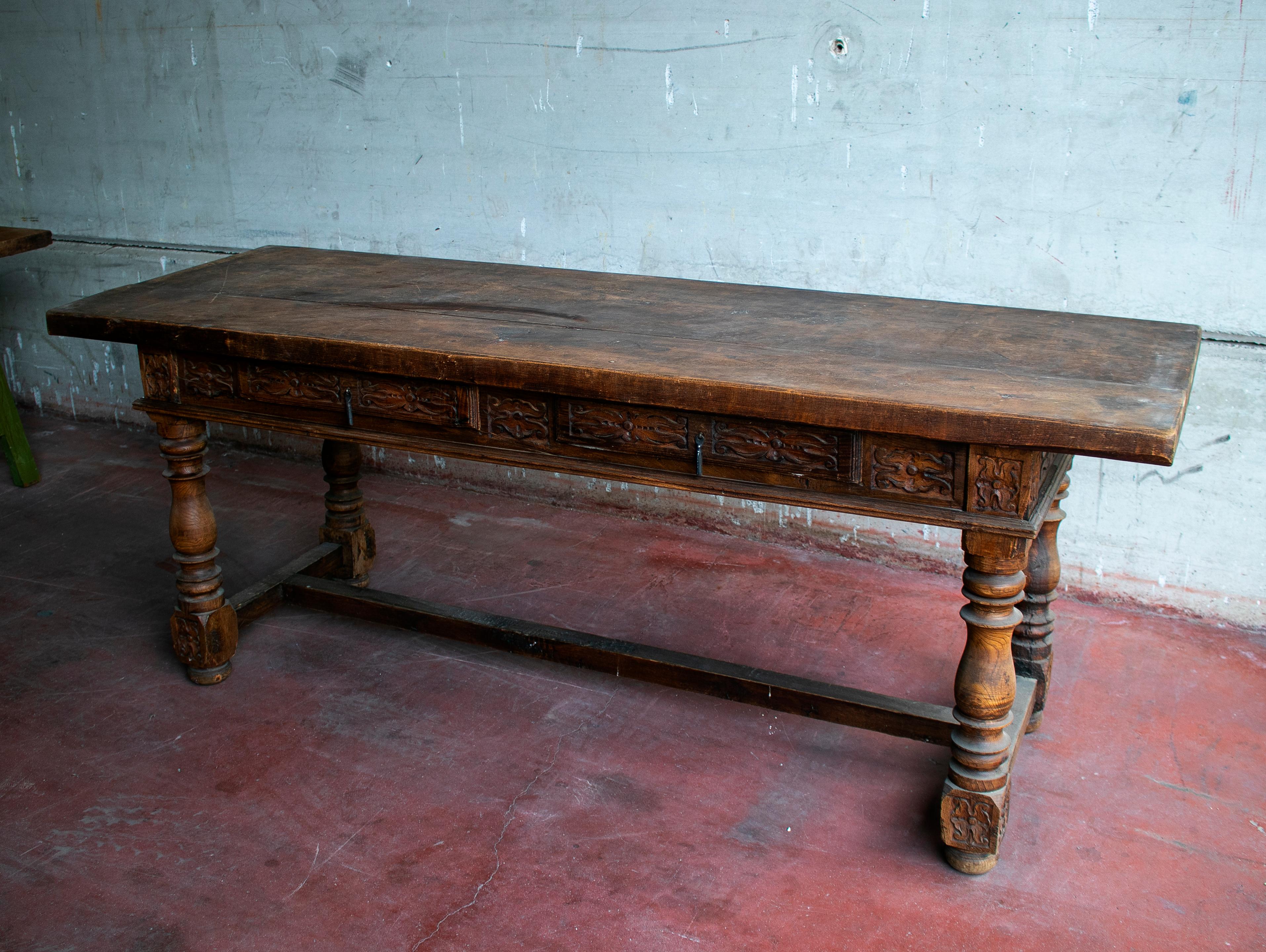 Vintage 1950s Spanish Castilian dining table with drawers.