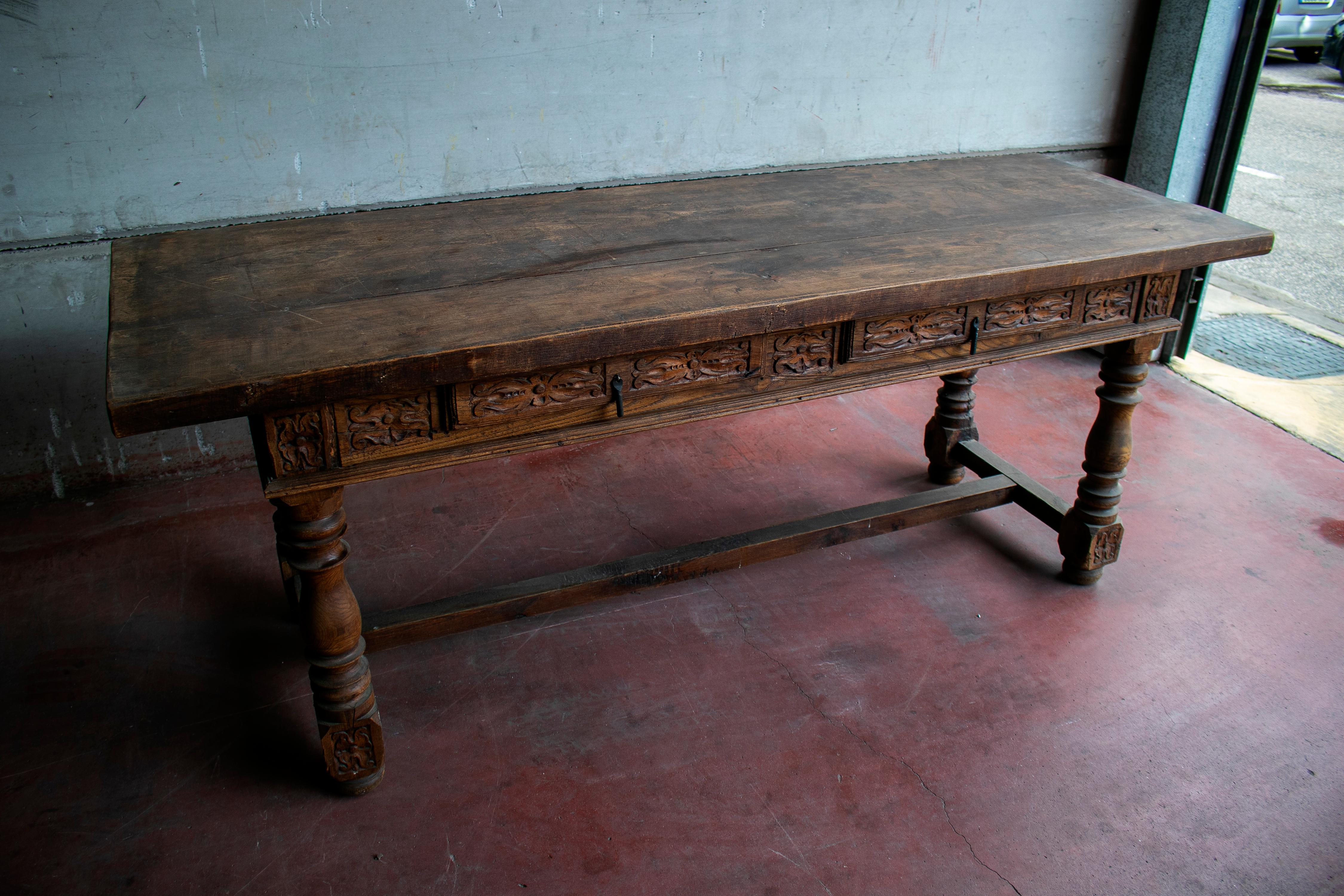 Hand-Carved 1950s Spanish Castilian Dining Table with Drawers