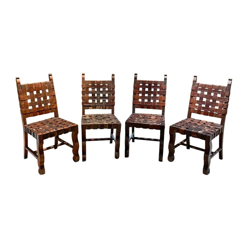 1950s Spanish Colonial Four Woven Leather Chairs Style Luis Barragán Mexico