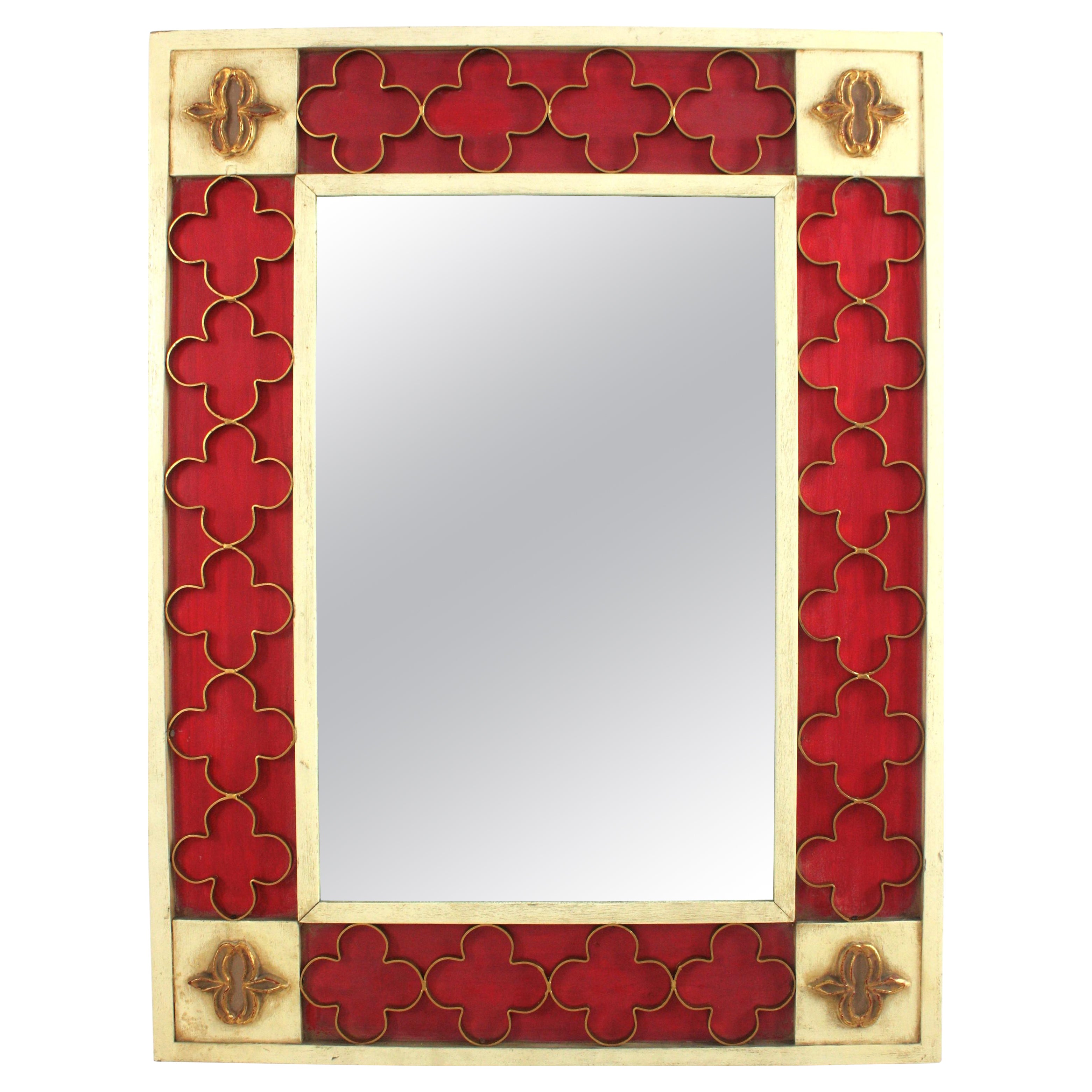 1950s Spanish Colonial Red and White Wood Rectangular Mirror with Gilt Rosetttes