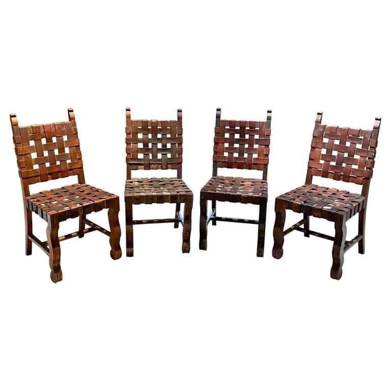 1950s Spanish Colonial Four Woven Leather Chairs Style Luis Barragán Mexico For Sale 5