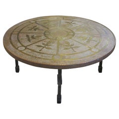 1950s Spanish Copper & Brass Inlaid Round Coffee Table Gothic Revival Style