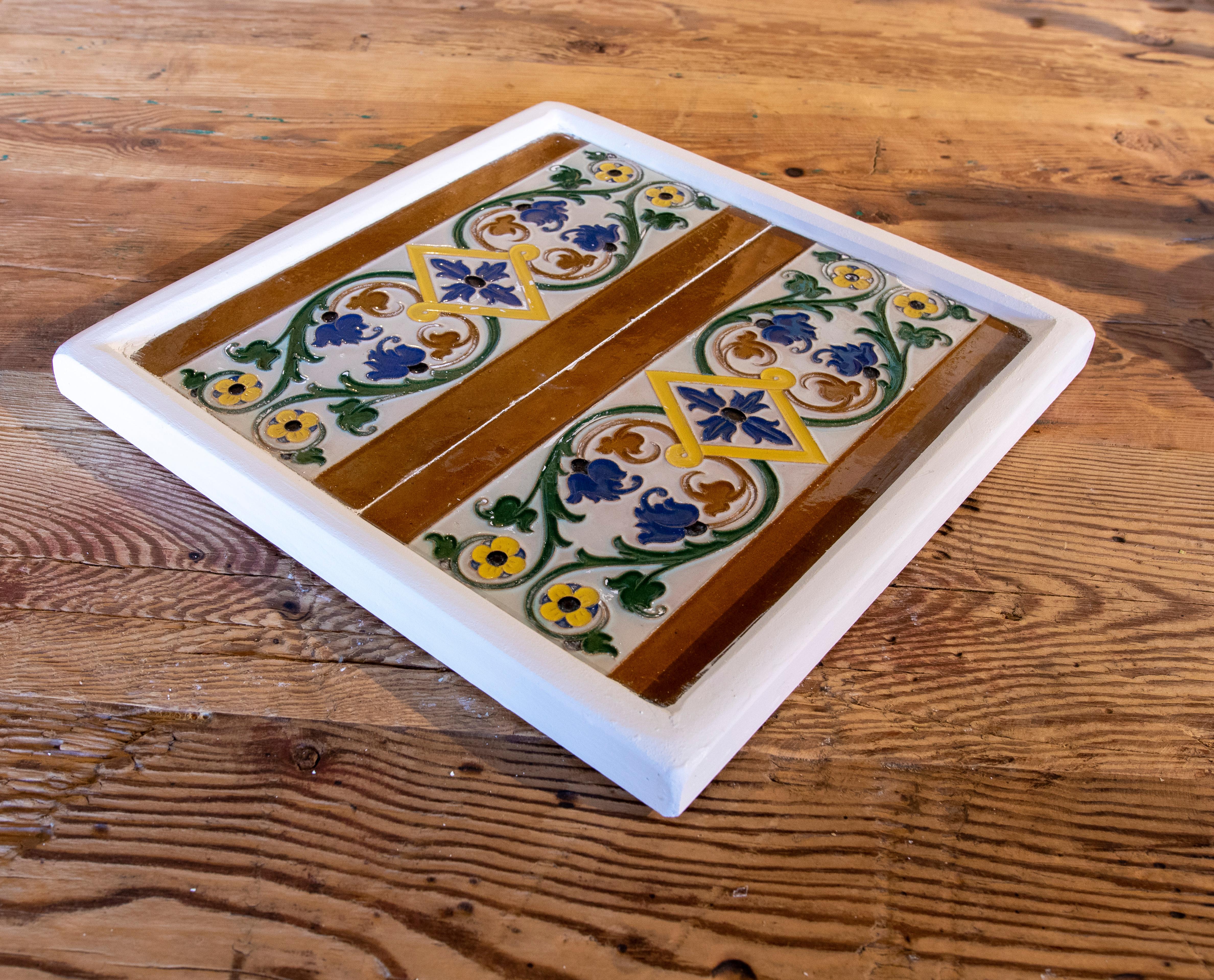 1950s Spanish Decorative Tile Framed in Wood in Different Colours For Sale 5