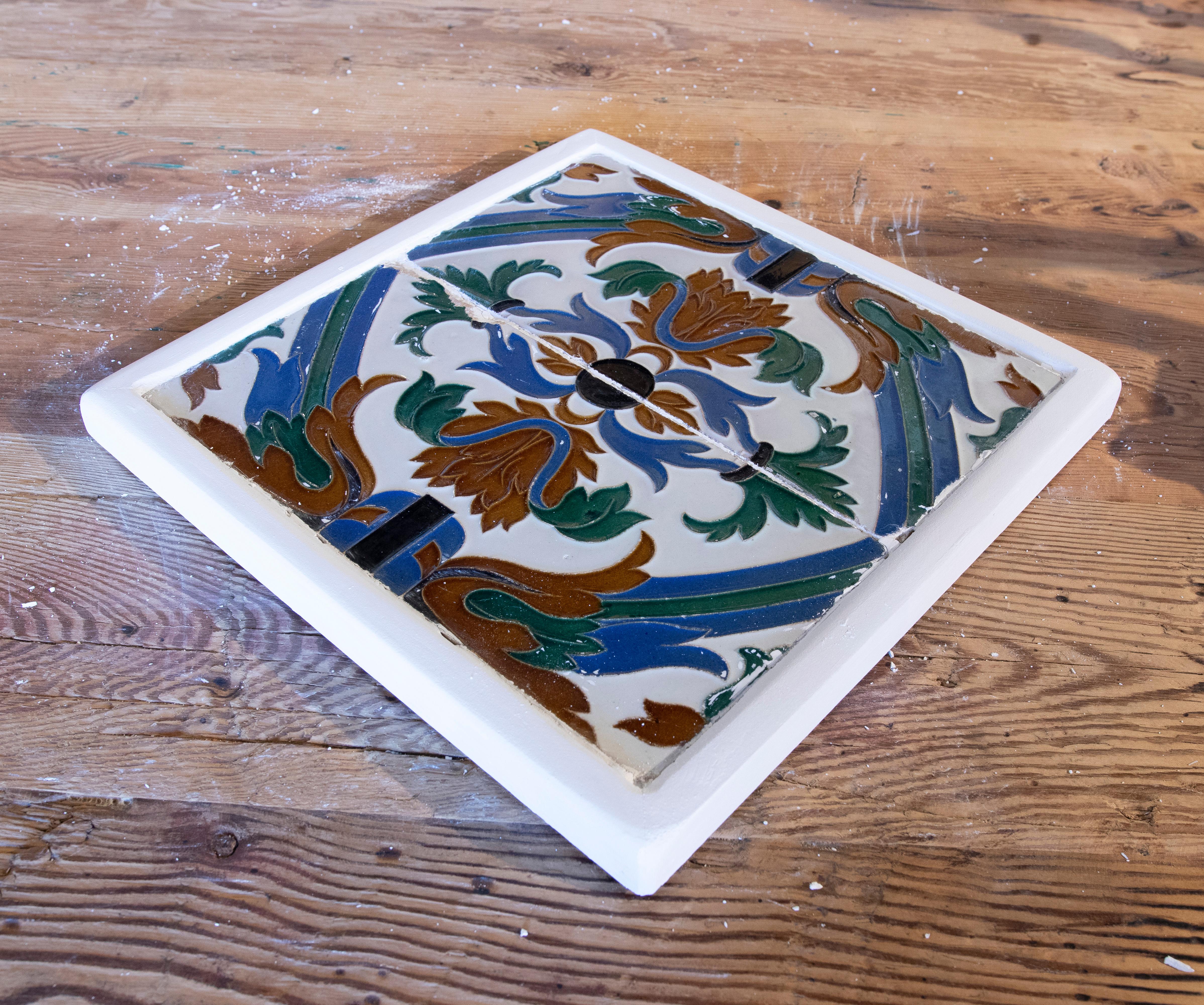 1950s Spanish Decorative Tile Framed in Wood in Different Colours  For Sale 3