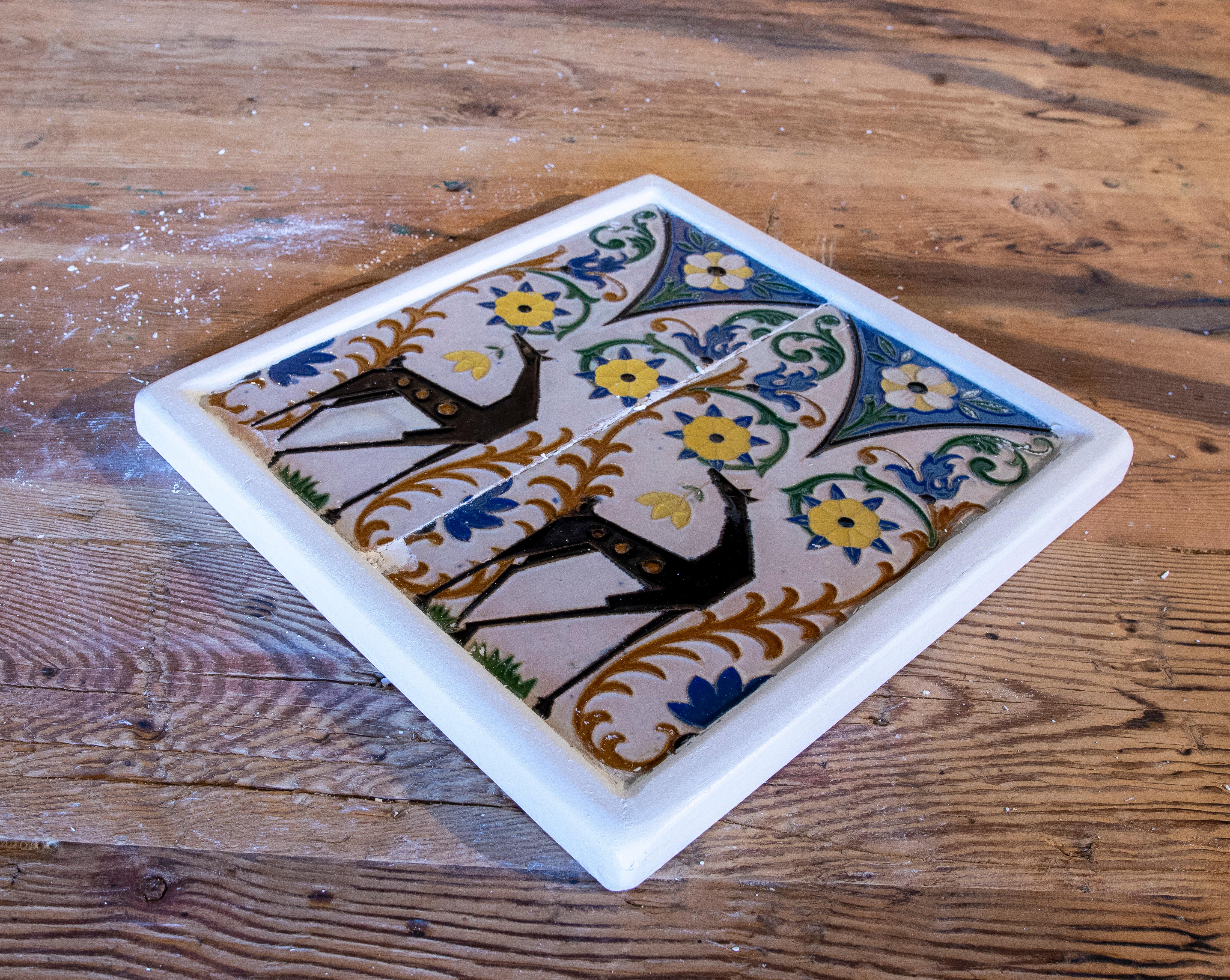 1950s Spanish Decorative Tile Framed in Wood in Different Colours For Sale 5