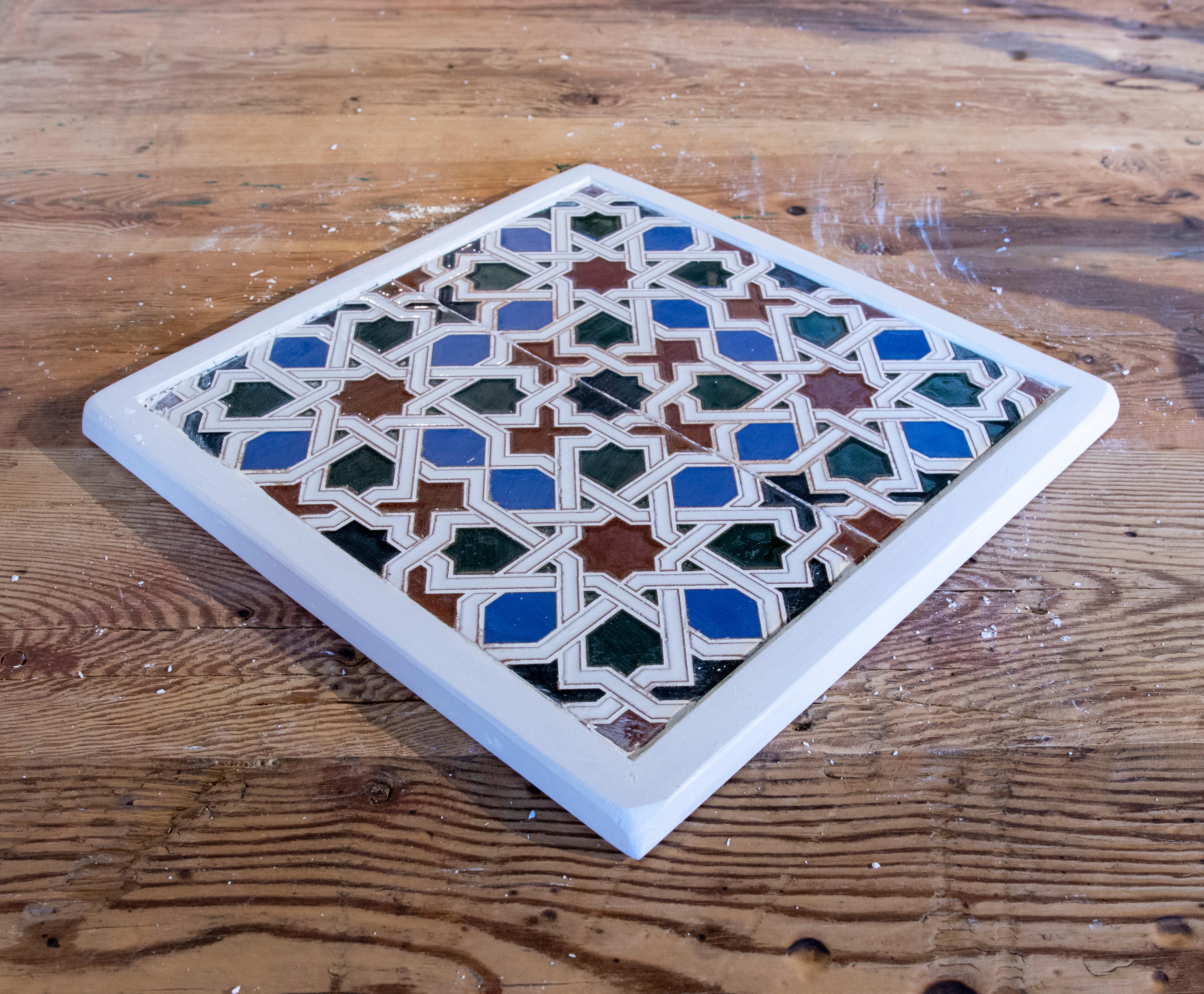 1950s Spanish Decorative Tile Framed in Wood in Different Colors For Sale 5