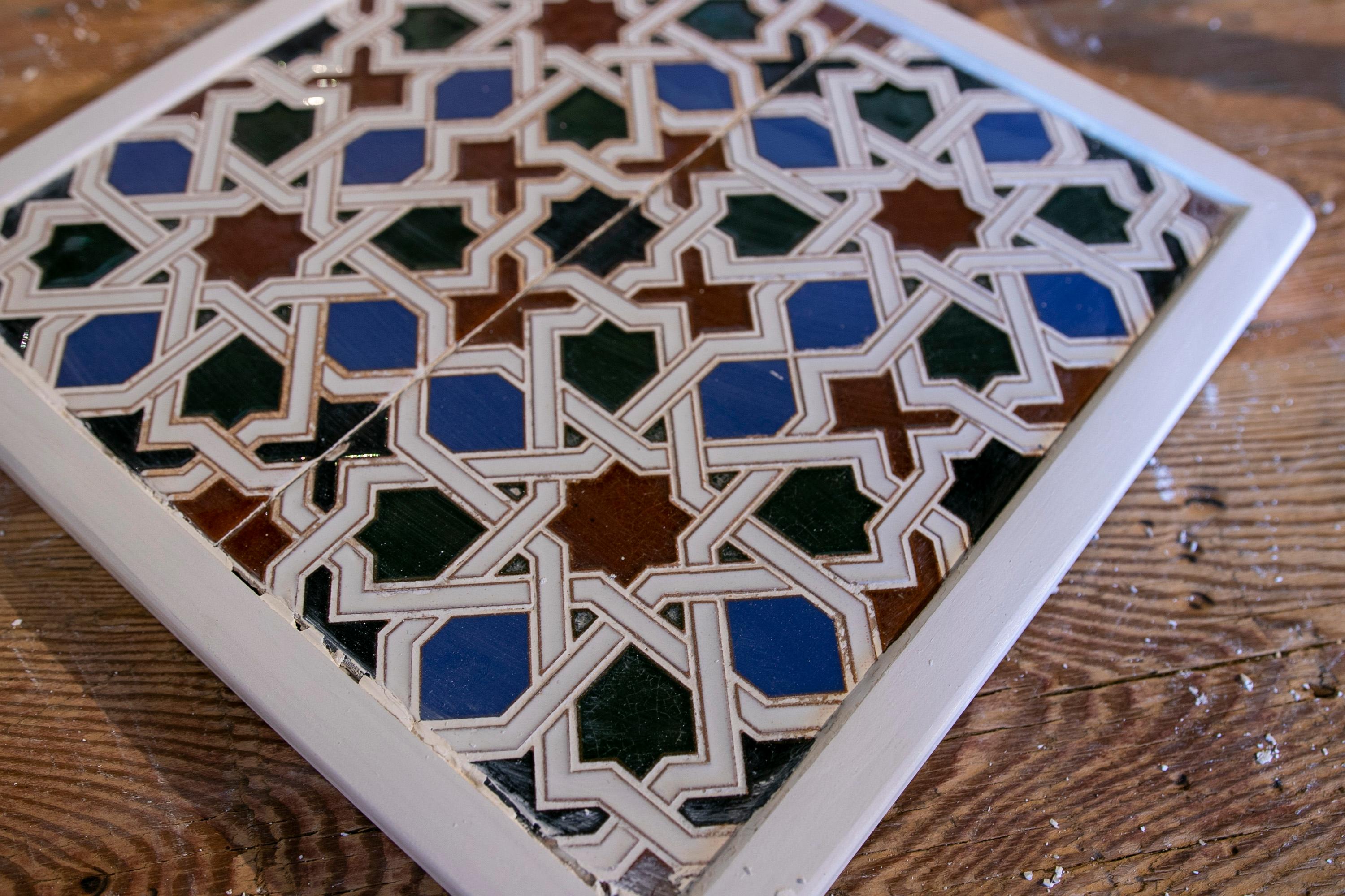 1950s Spanish Decorative Tile Framed in Wood in Different Colors For Sale 6