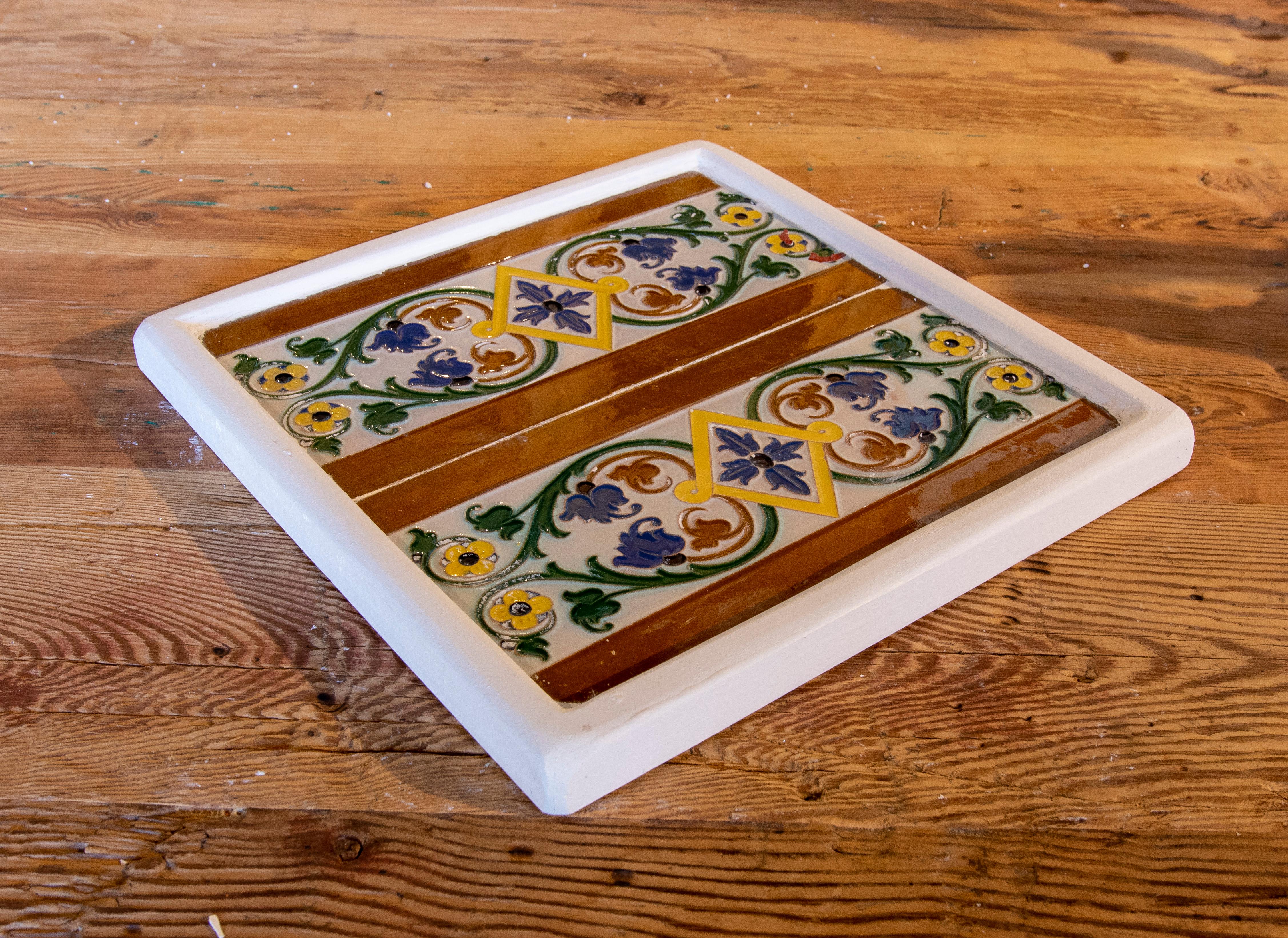 1950s Spanish Decorative Tile Framed in Wood in Different Colours For Sale 8