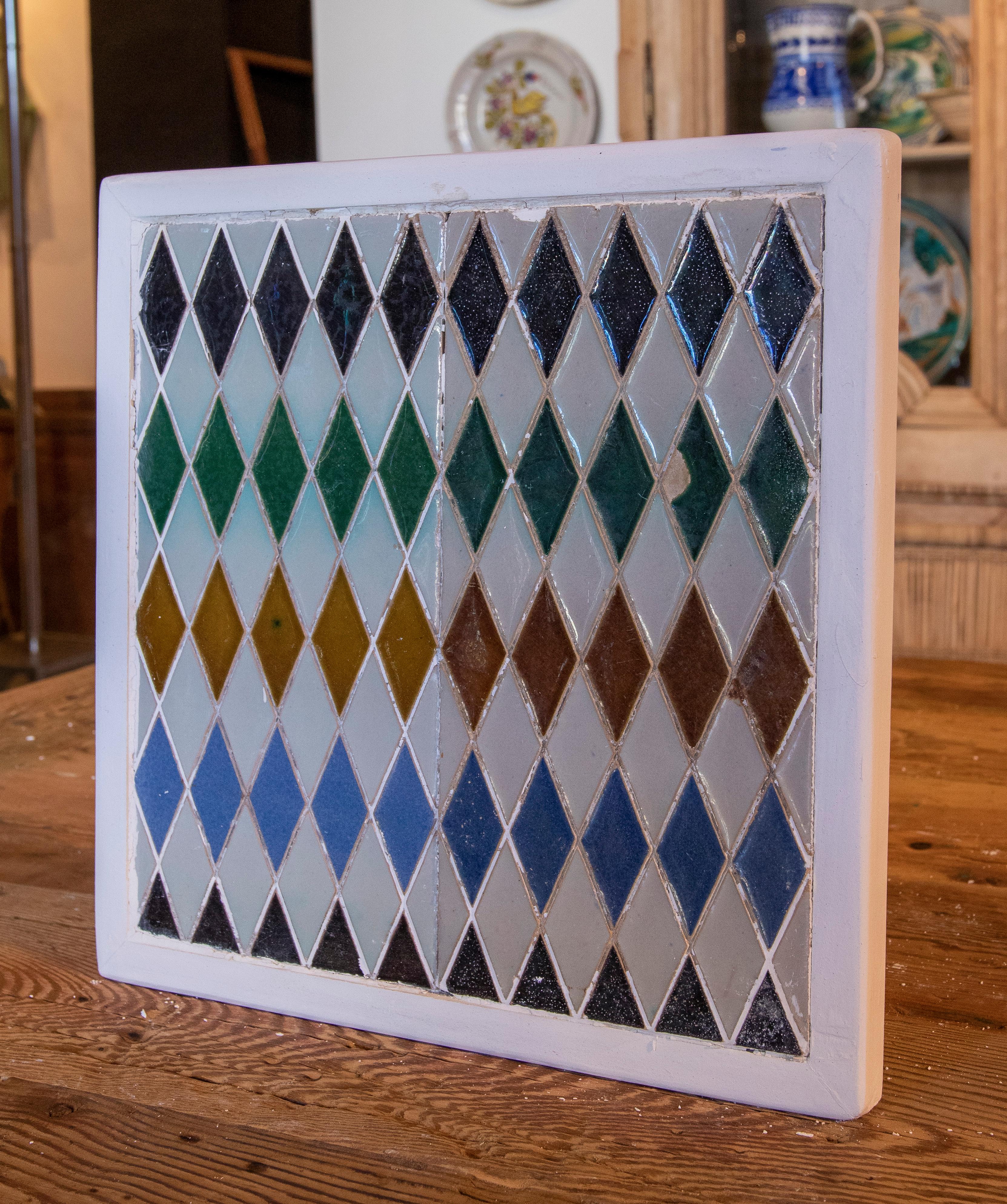 1950s Spanish Decorative Tile Framed in Wood in Different Colours In Good Condition For Sale In Marbella, ES