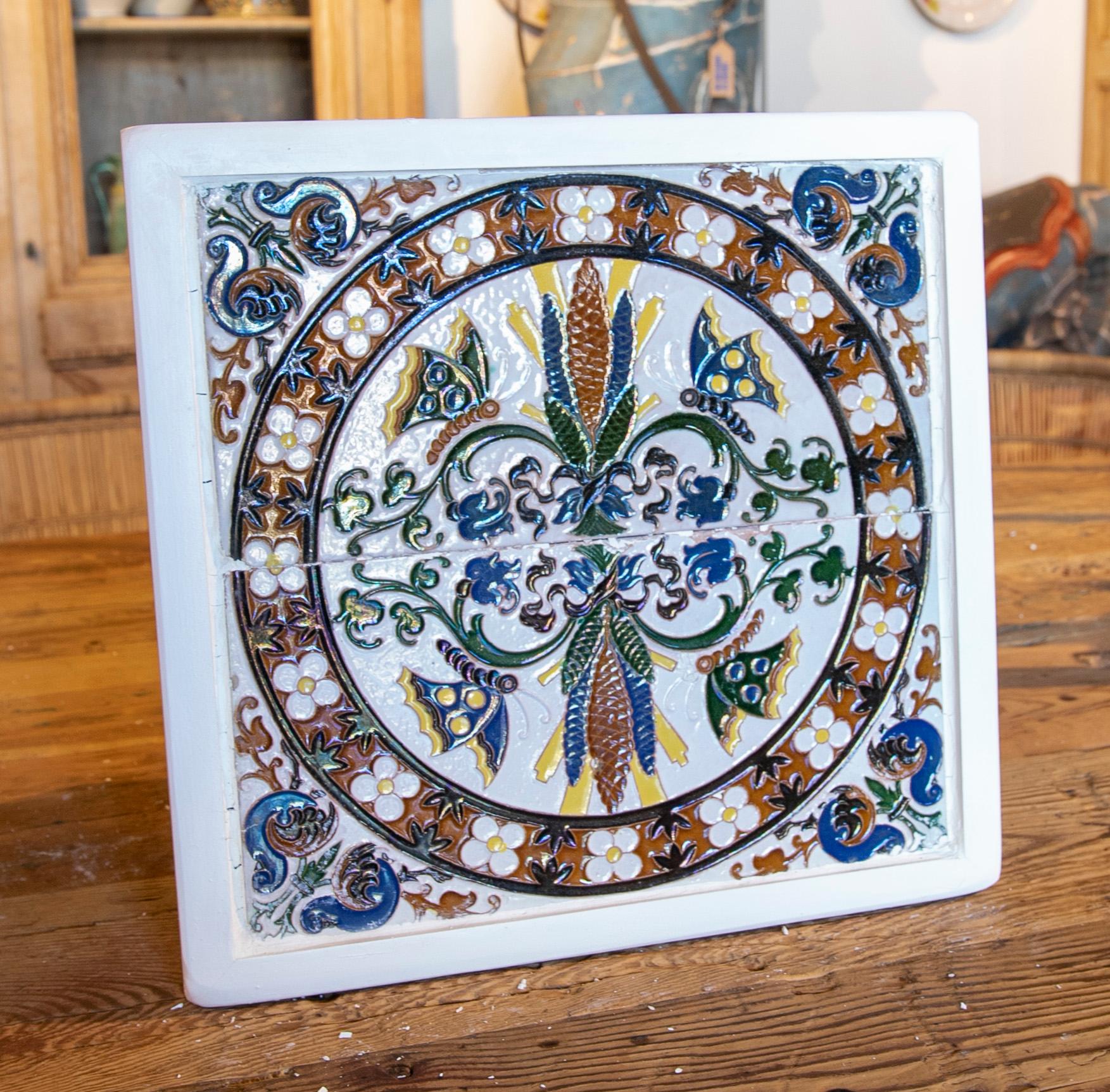 Glazed 1950s Spanish Decorative Tile Framed in Wood in Different Colours For Sale